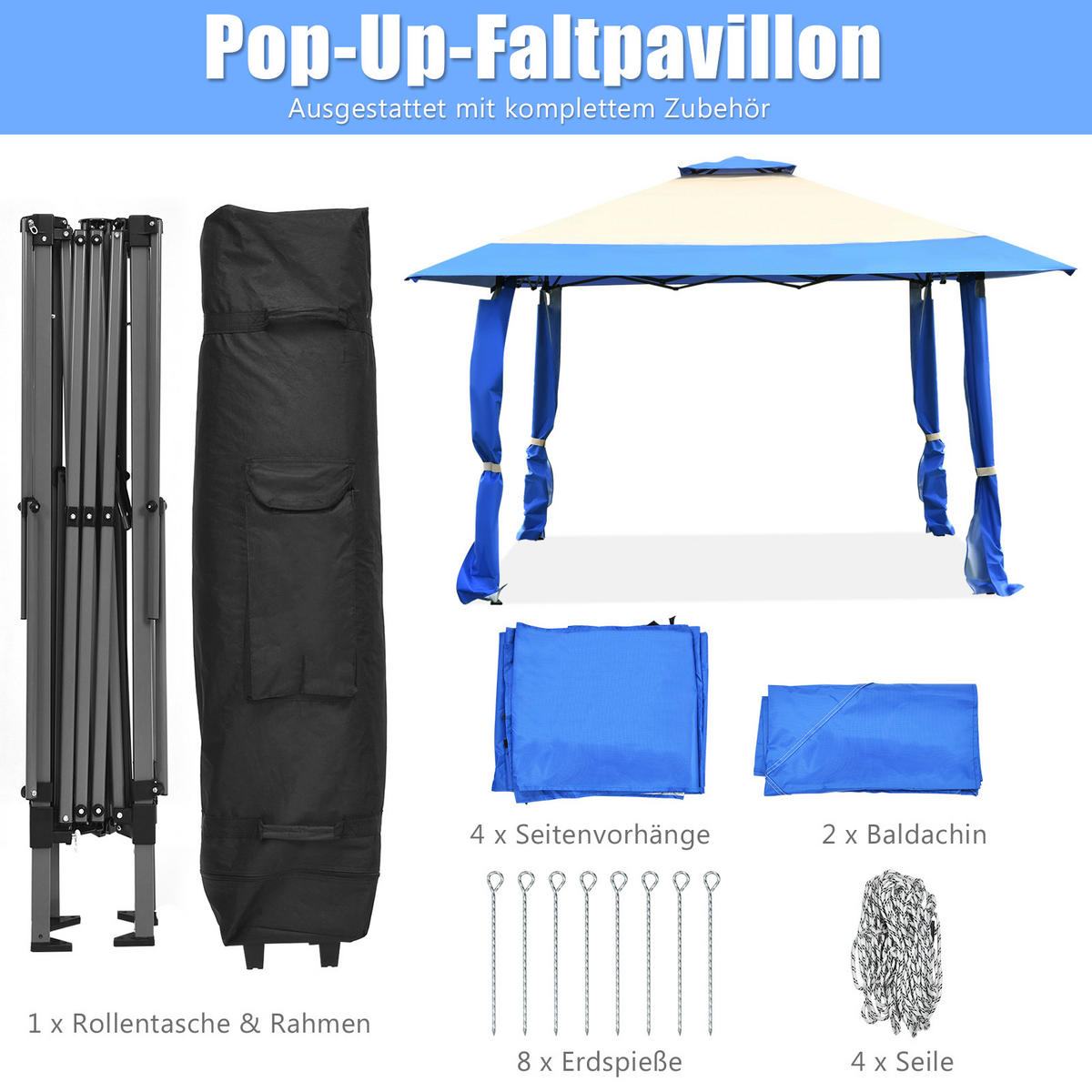 PAVILLON Blau - Blau, Metall (395/283/395cm) - COSTWAY