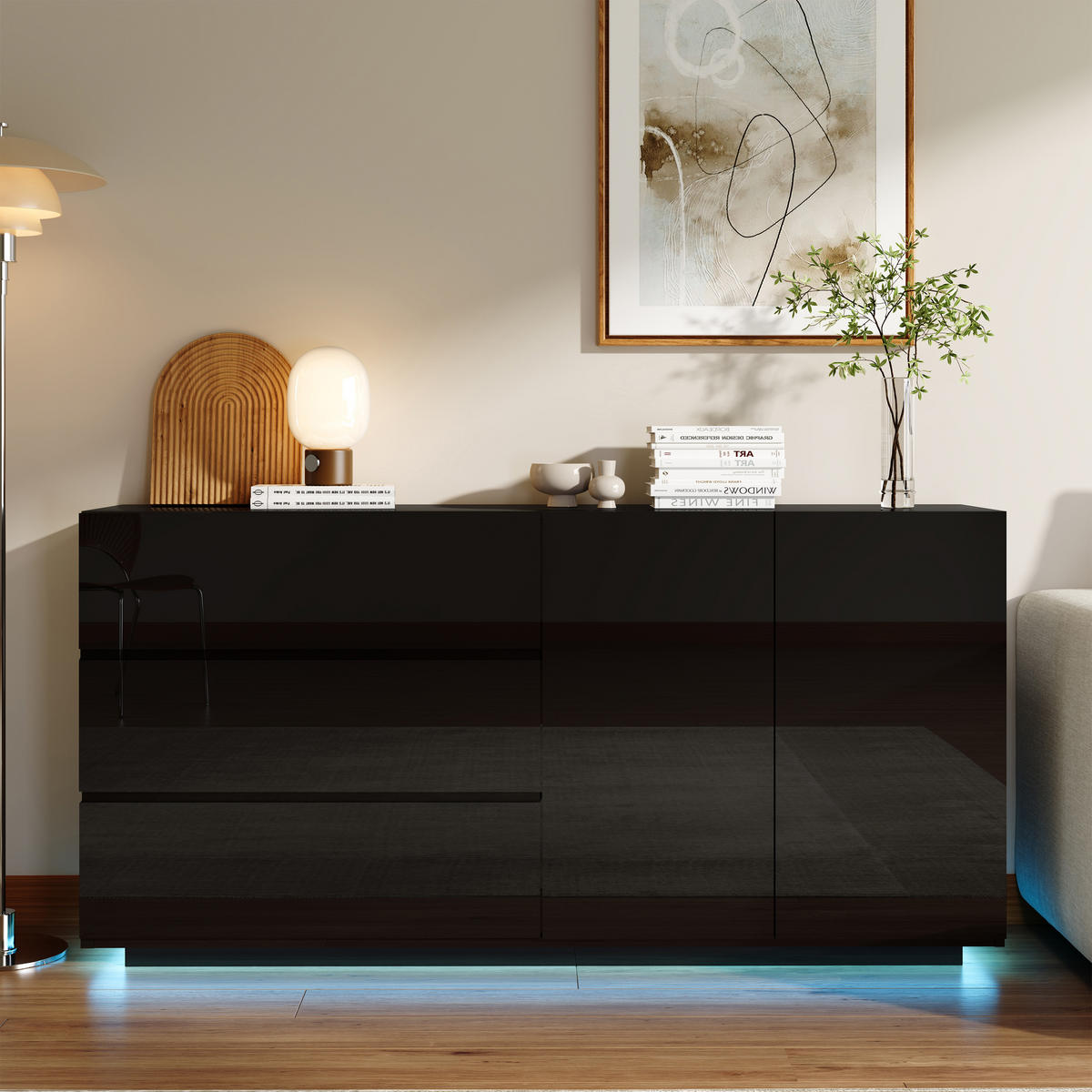 FERNSEH- & STAURAUMSCHRANK mit Hochglanzfront & LED - Schwarz, Holzwerkstoff (35/76/160cm) - SHOPENTRA