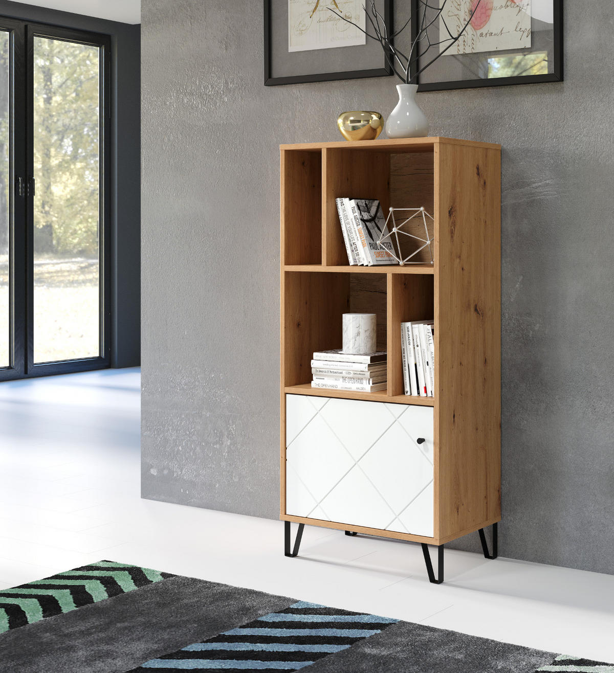 REGALSCHRANK weiß matt, Eiche Artisan 63 x 136 cm, Bücherregal mit Rautenoptik - Eichefarben/Schwarz, Holzwerkstoff/Kunststoff (63/136/40cm) - Top.Furn