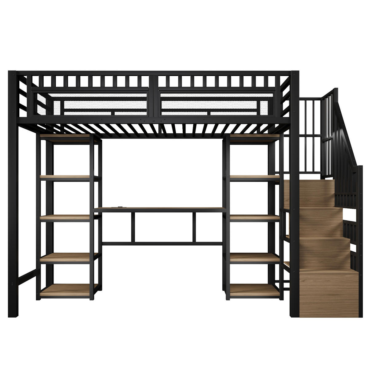 HOCHBETT mit Schreibtisch 90/200 cm in Schwarz – mit Stauraumleiter, Regalen und LED - Schwarz, Metall (90/200cm) - BEAOK