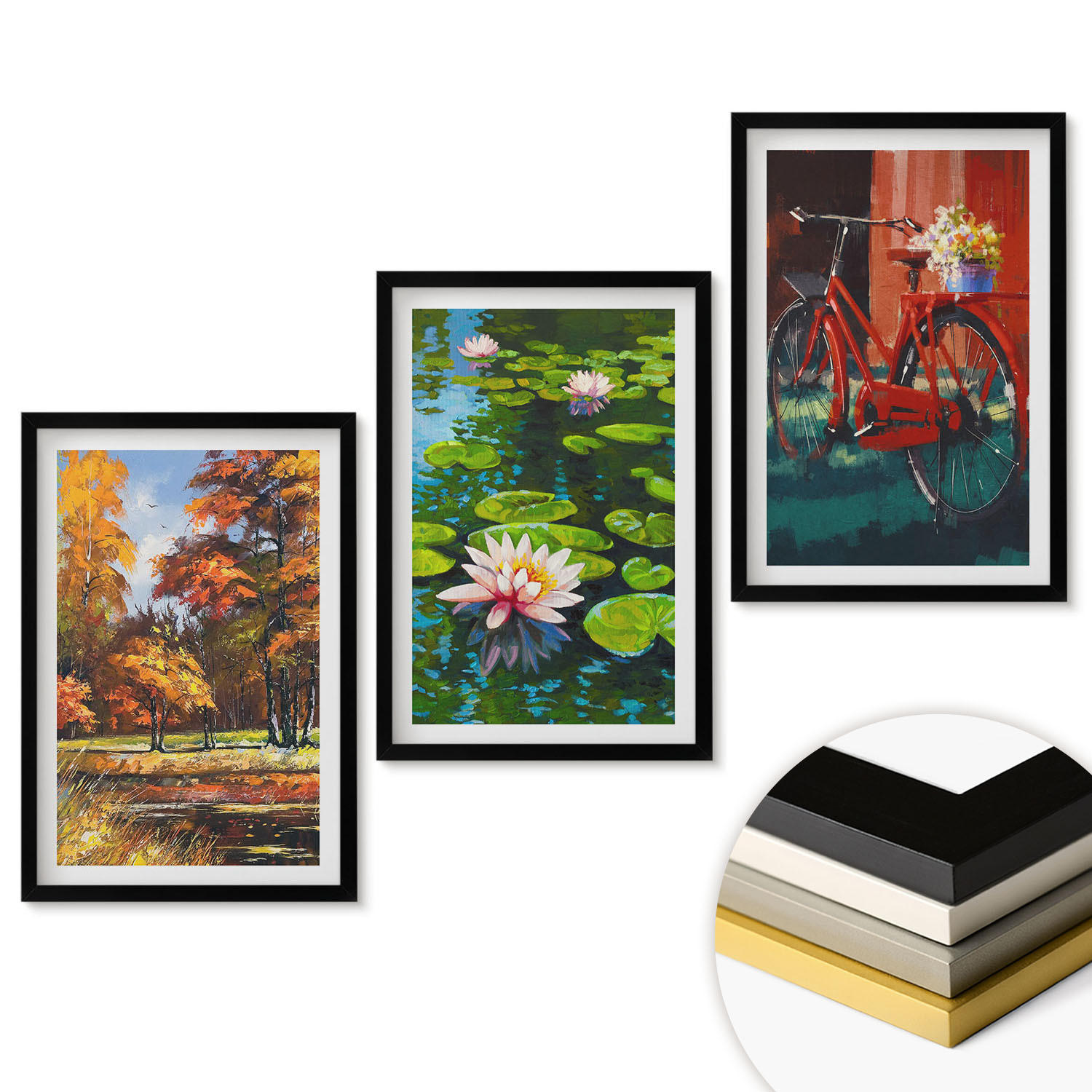 WANDBILDER 3er-Set - 40x60 cm Schwarzer Rahmen - Herbstfarbene Lilienterrasse - Schwarz, Kunststoff (40/60cm) - ArtPrintCave
