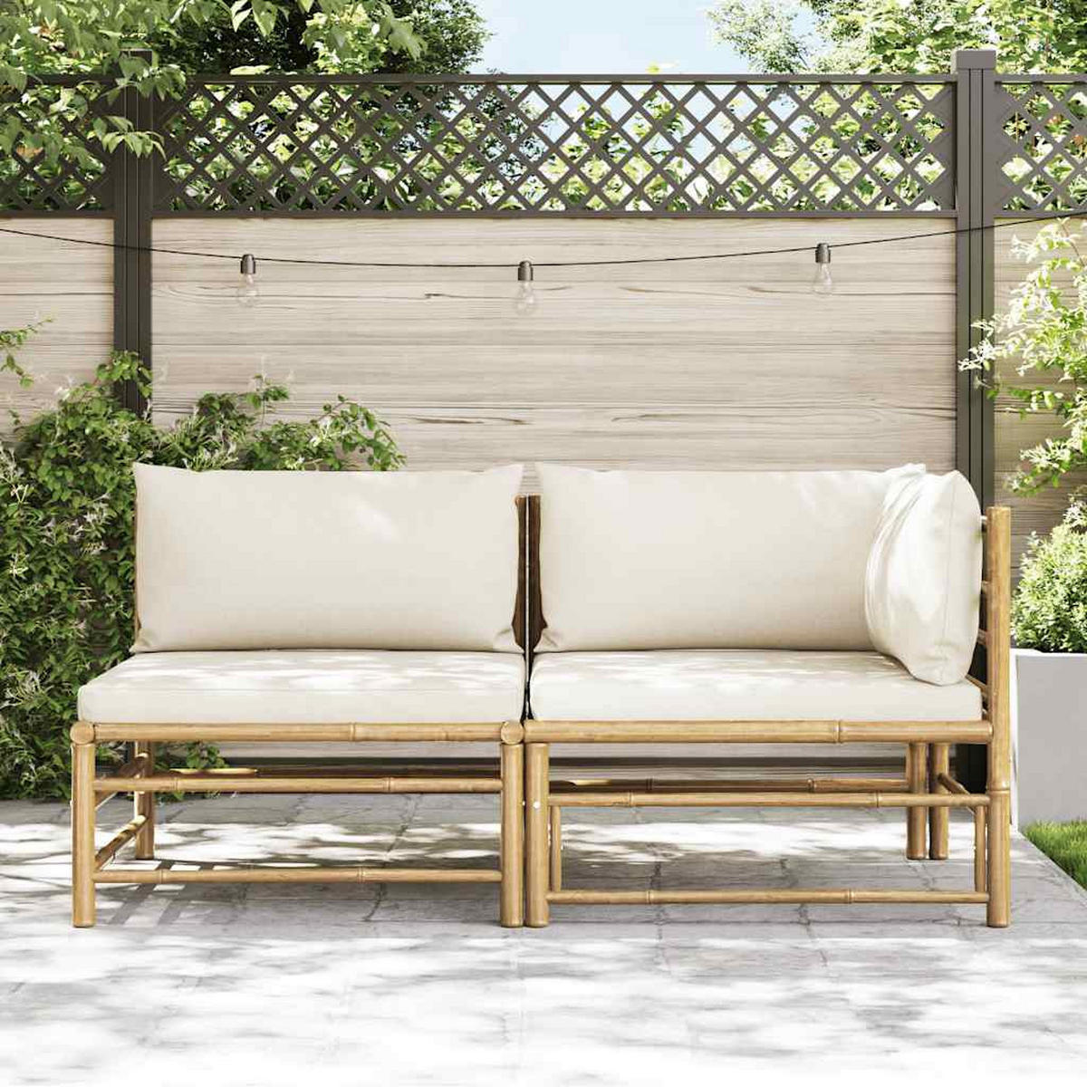 GARTEN-LOUNGE-SET 2-teilig Mit Kissen CremeWeiß Bambus - Creme/Naturfarben, Naturmaterialien/Textil - vidaXL