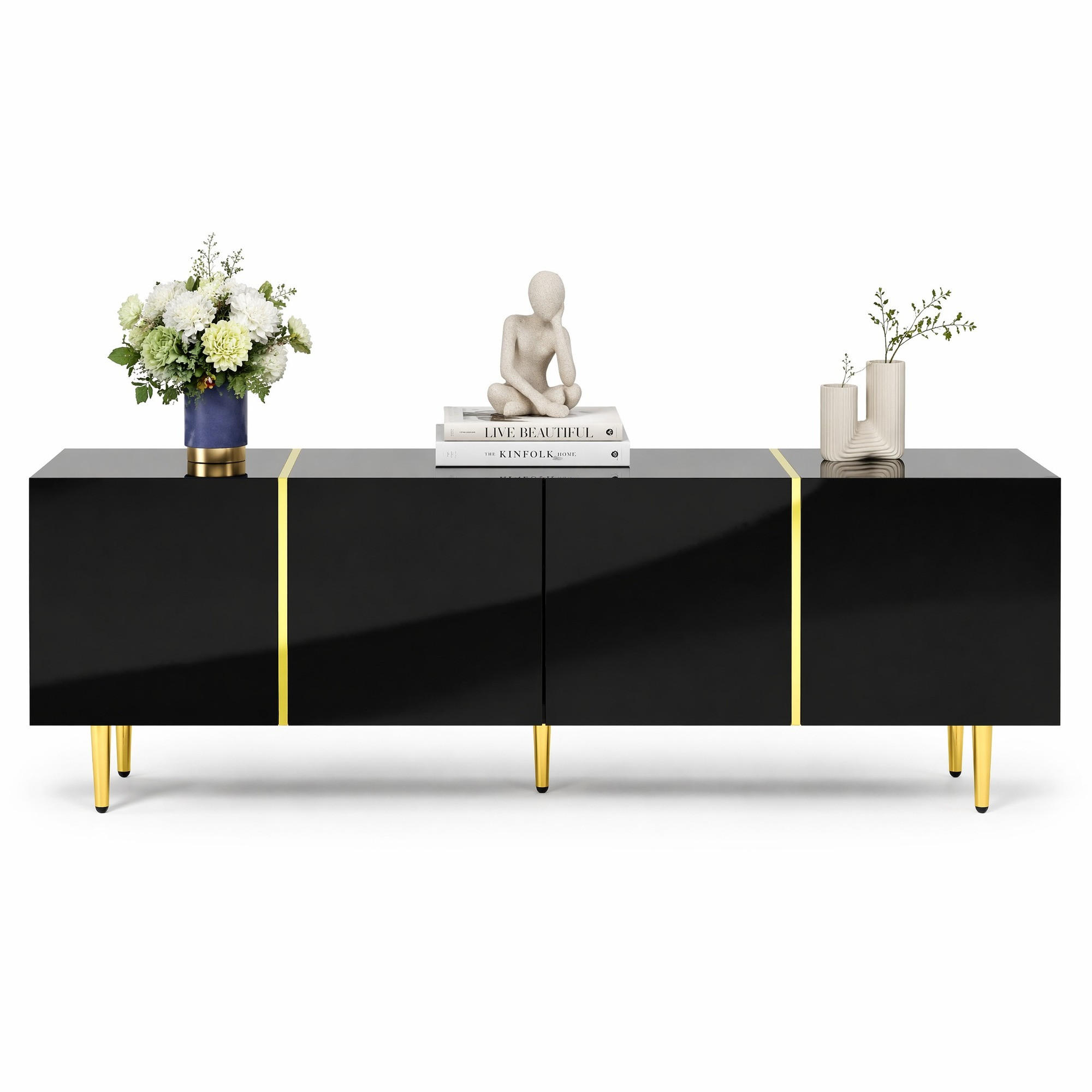 TV-LOWBOARD aus MDF 170x35x46 cm Schwarz Hochglanz mit 4 Türen, Goldakzenten und Soft-Close - Schwarz, Holzwerkstoff (170/46/35cm) - IVMEU