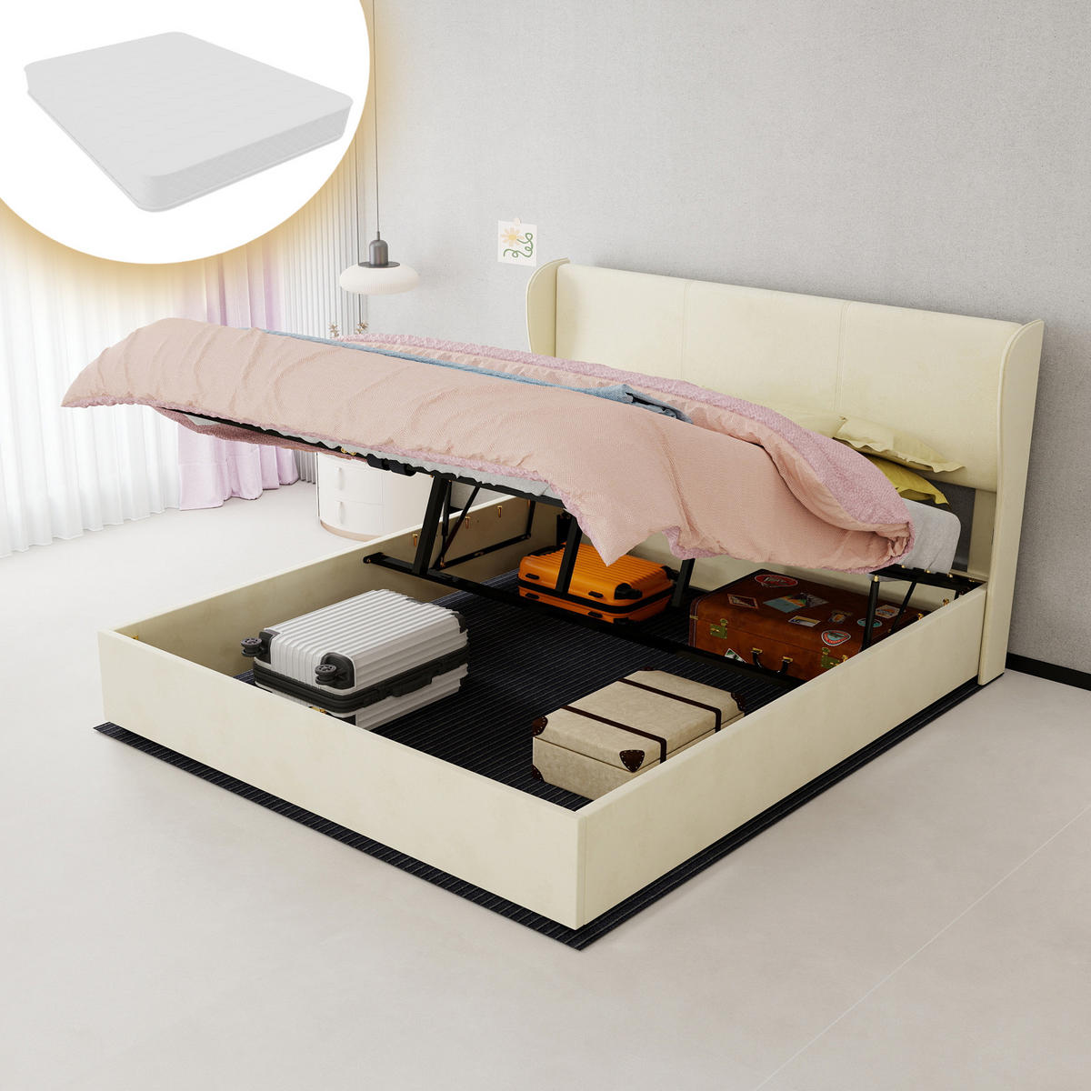 STAURAUMBETT 160/200 cm DE-32993 mit Gaslift-Stauraum und Matratze Beige - Beige, Metall (160/200cm) - ComfortXL