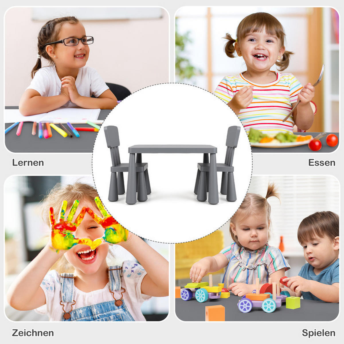 KINDERTISCH mit 2 Stühlen grau(3-tlg) - Grau, Kunststoff (76.5/49.5/54.5cm) - COSTWAY