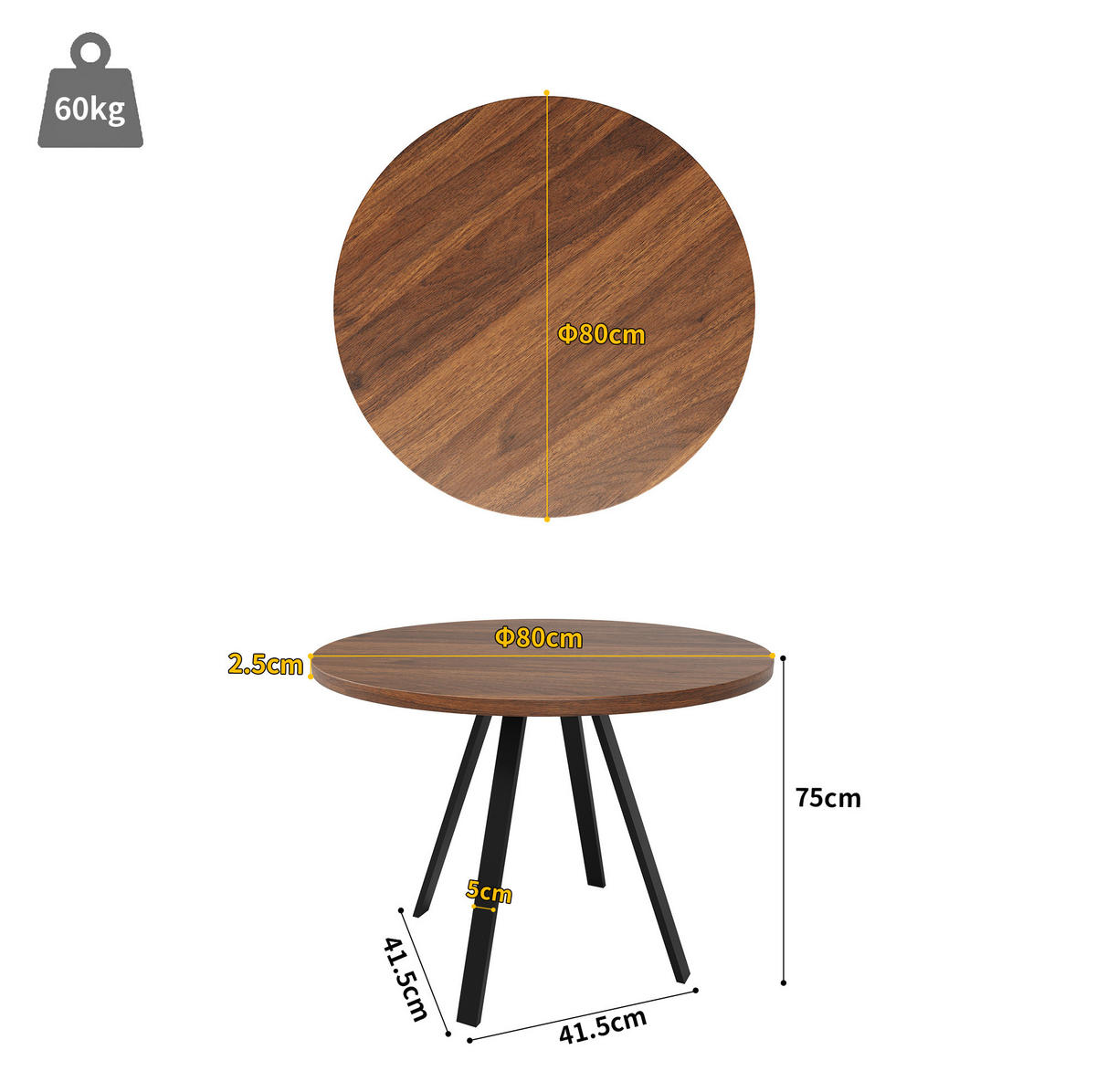 ESSTISCH 80/80/75 cm in Walnussfarben mit runder MDF-Tischplatte - Walnussfarben, Holzwerkstoff (80/80/75cm) - Flora Grace