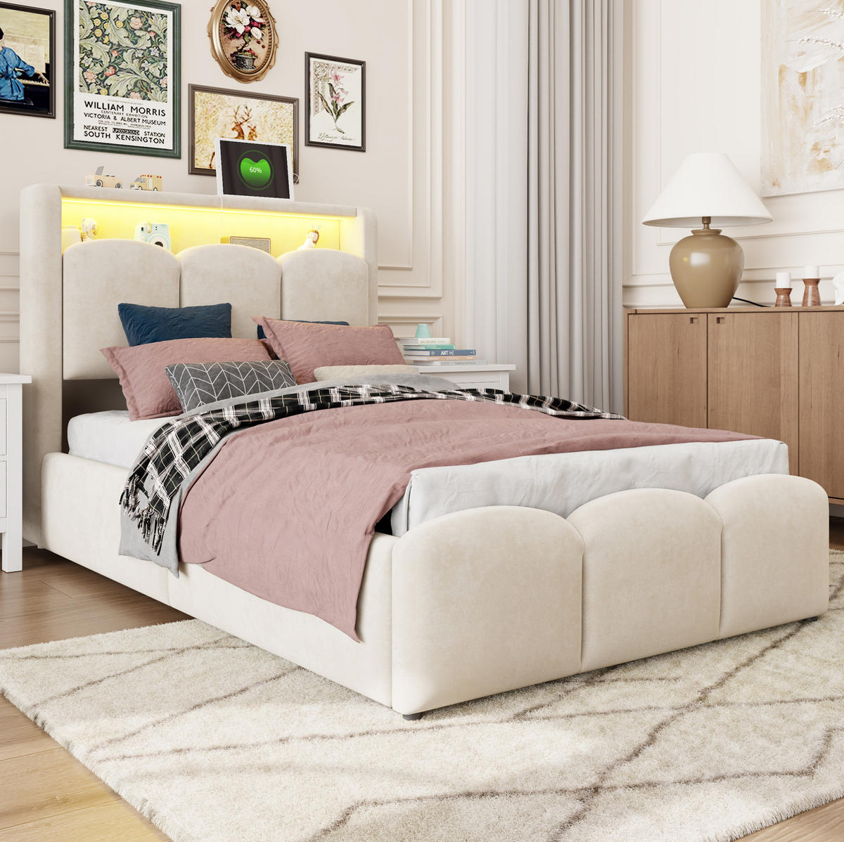 POLSTERBETT aus Samt 90x200 cm Beige mit LED, USB-/Typ-C-Anschluss und hydraulischem Stauraum - Beige, Textil (90/200cm) - Modfu