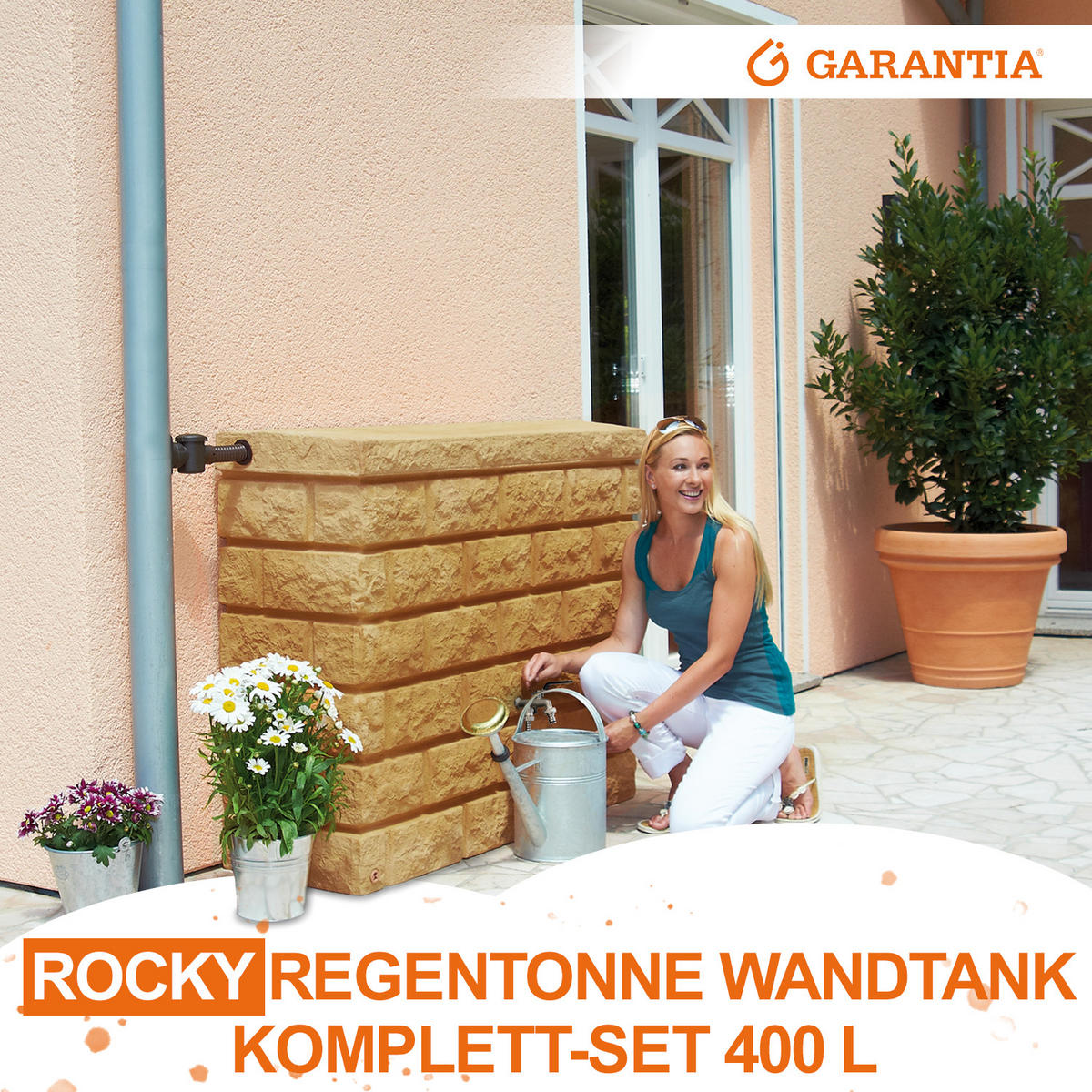 REGENTONNE Wandtank Komplett-Set 400 L, sand inkl. Chrom-Doppelauslaufhahn und Fallrohranschluss - Beige, Kunststoff (40/100/120cm) - GARANTIA