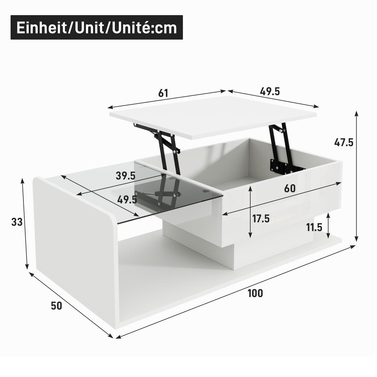 COUCHTISCH 100/50 cm in Weiß aus Spanplatte mit Höhenverstellung und LED-Lichtleiste - Weiß, Holzwerkstoff (100/50/33cm) - OKMYHOME