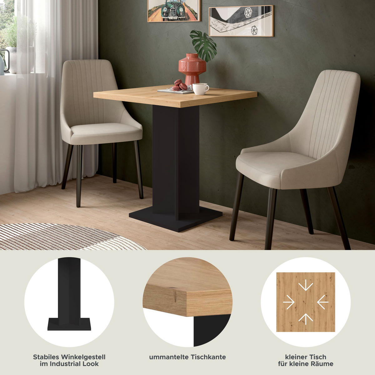 ESSTISCH GUSTAV (B/H/T: ca. 70/76/70 cm) in schwarz/Artisan Eiche Nachbildung - Schwarz, Holzwerkstoff (70/70/76cm)