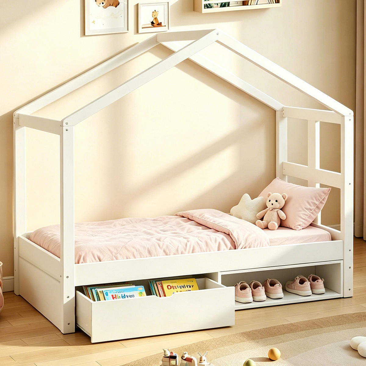 JUGENDBETT 90/180 cm weiß aus Holz mit LED, Schublade und Schuhschrank - Weiß, Holzwerkstoff (90/190cm) - OKWISH