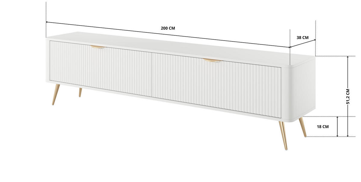 TV-LOWBOARD 200 cm Weiß / Gold - mit geriffelten Fronten und 2 Klappen - Gelb/Goldfarben, Holz/Holzwerkstoff (200/51/38cm) - Ravio