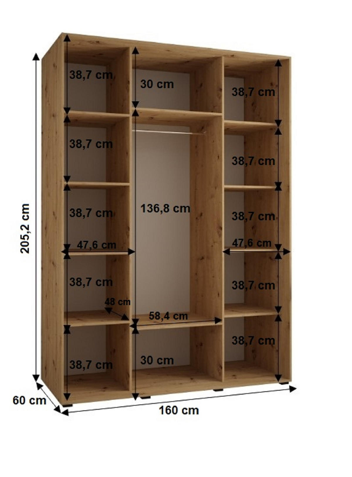 SCHWEBETÜRENSCHRANK 205,2/160/60 3-türig - Schwarz/Eiche Artisan, Holz/Metall (160/205.2/60cm) - Abiks Möbel