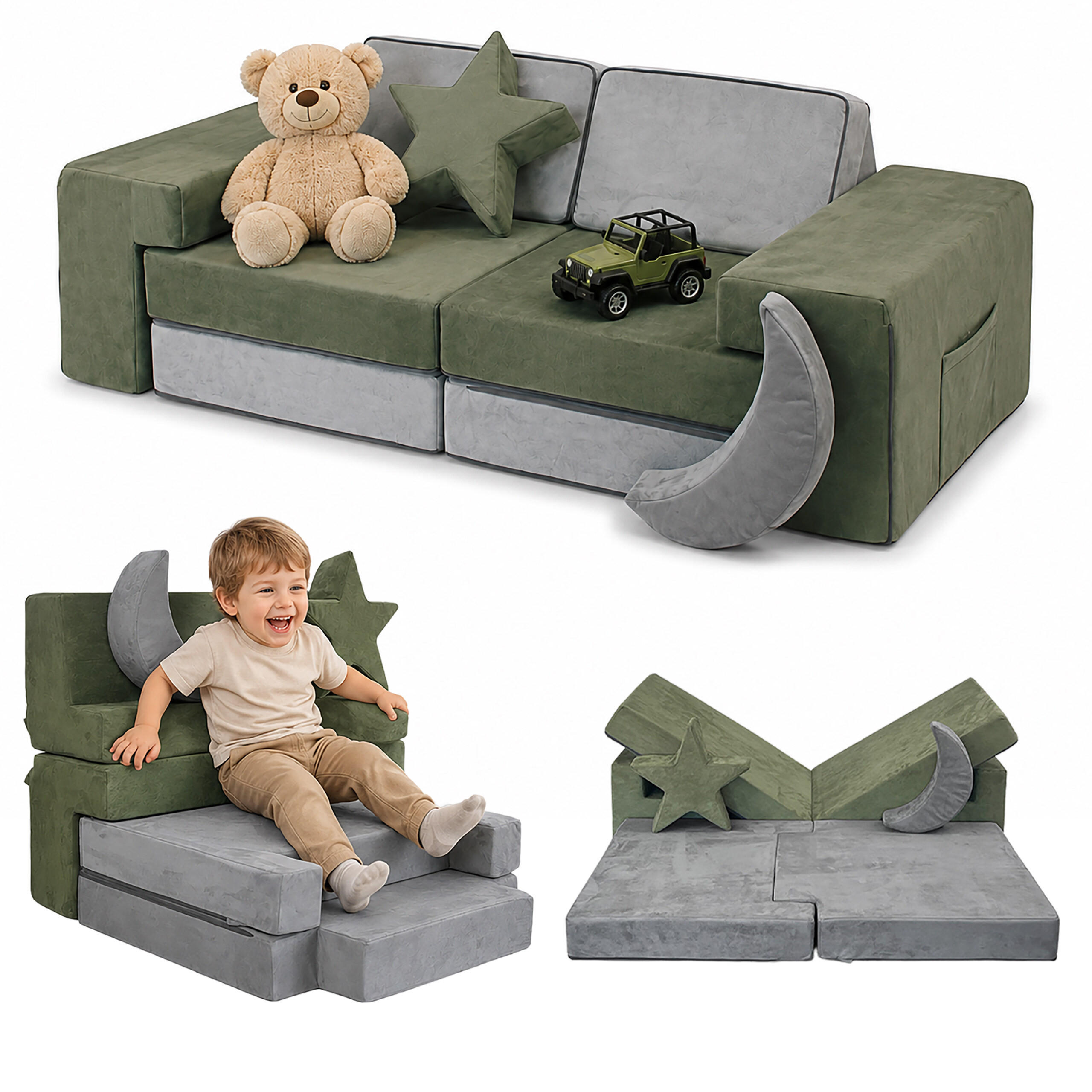 SPIELSOFA Grün Kinder modular 10-tlg. - Multicolor, Kunststoff/Textil (140/45/65cm) - Relaxdays