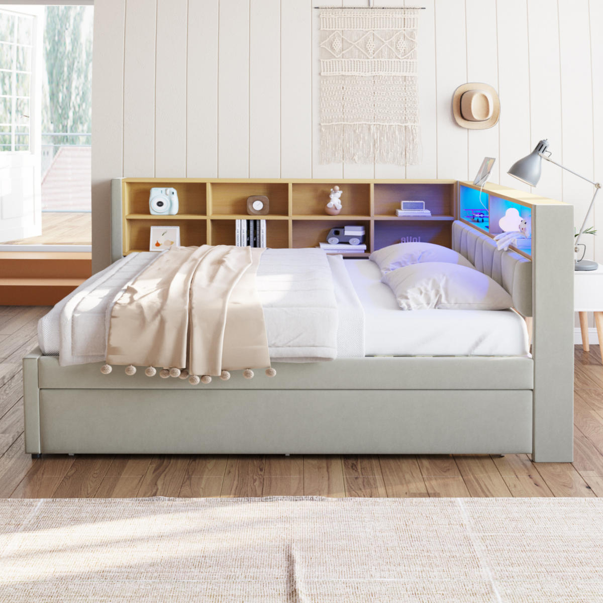 POLSTERBETT 140/200 cm aus Flanell mit LED-Leuchten und Stauraum, Hellgrau - Hellgrau, Textil (140/200cm) - OKMYHOME