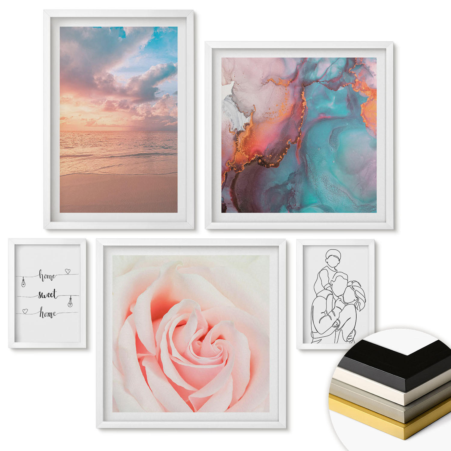 WANDBILDER 5er-Set - 50x50 cm & 20x30 cm & 40x60 cm Weißer Rahmen - Blumenfamilie minimalistisch - Weiß, Kunststoff (40/60cm) - ArtPrintCave
