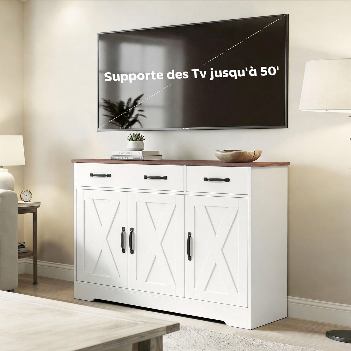 SIDEBOARD DE-11300 Landhausstil, 3 Scheunentüren Weiß - Weiß, Holzwerkstoff (108/81/40cm) - ComfortXL