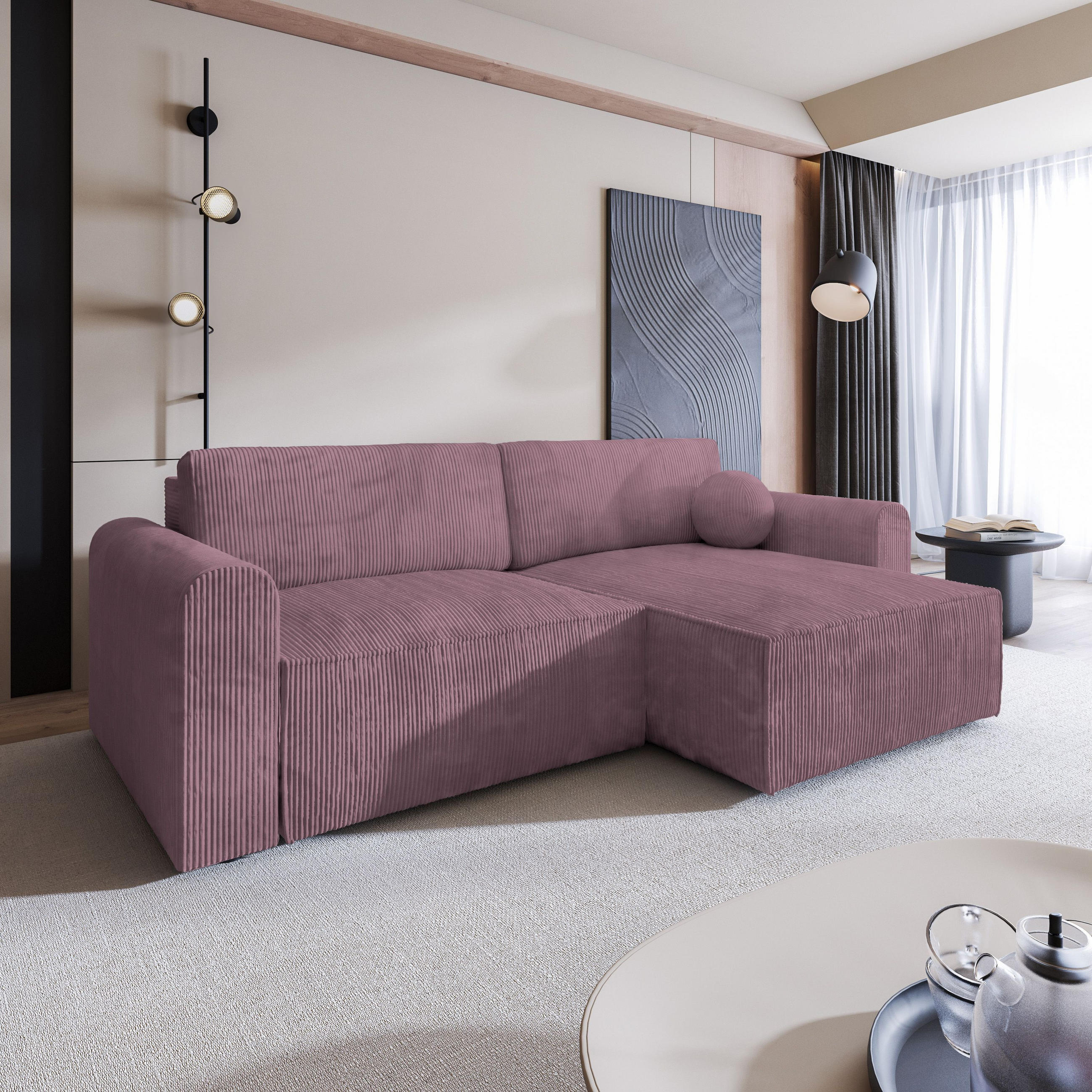ECKSOFA FIANO P Lila Kordstoff mit Schlaffunktion - Lila, Holz (245/148cm) - MASSENO