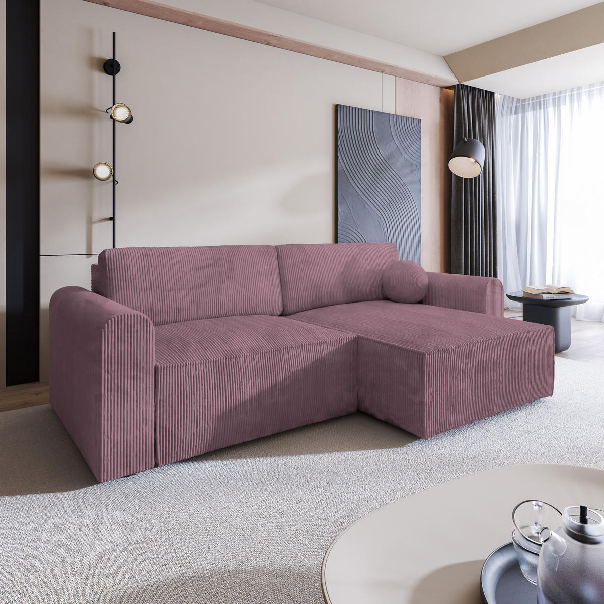 ECKSOFA FIANO P Lila Kordstoff mit Schlaffunktion - Lila, Holz (245/148cm) - MASSENO