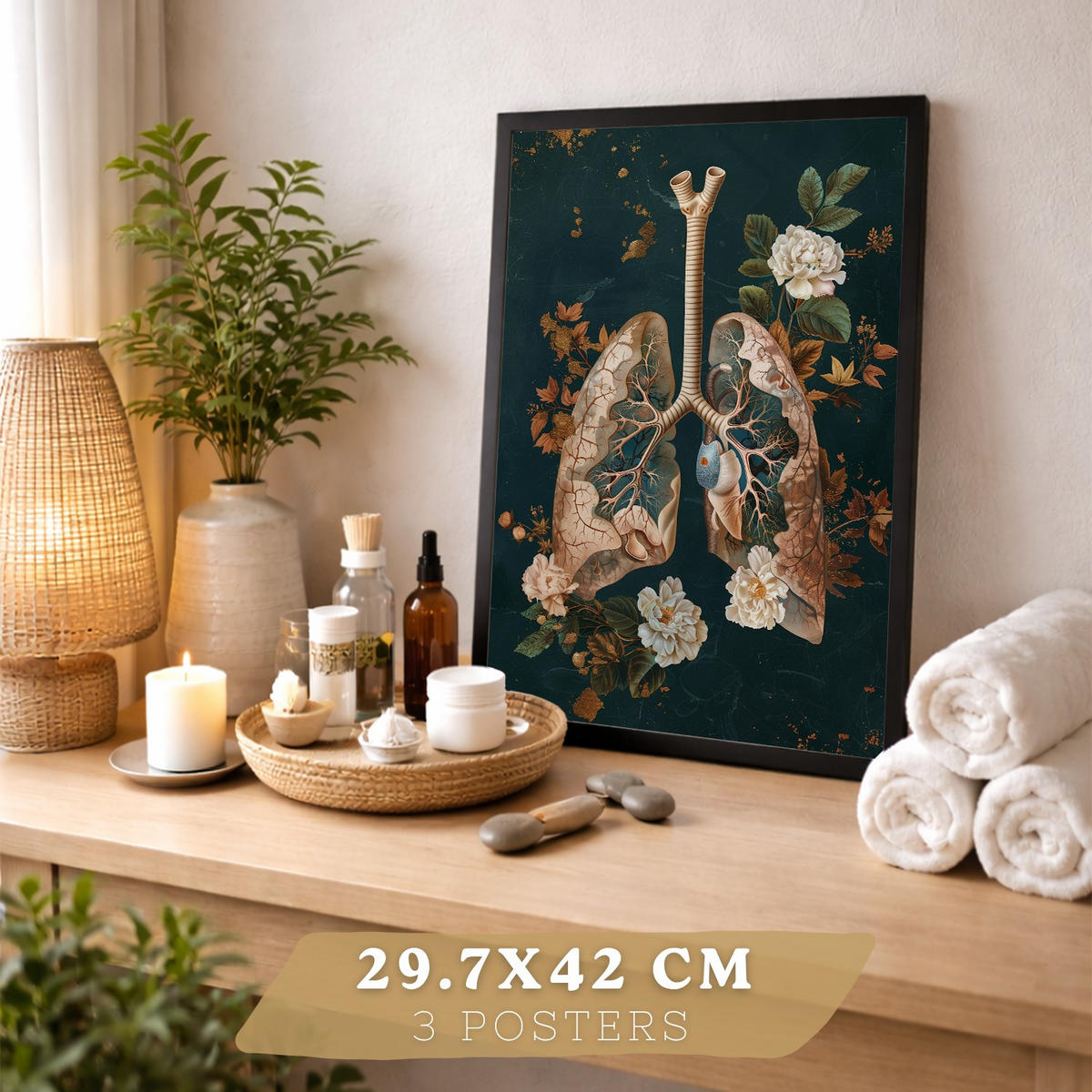 POSTER Set aus 3 Anatomie Mensch Drucke und Wandbilder mit Herz Atmungssystem und Skelett Botanischer Stil Wanddekoration Größe Schwarzer Rahmen A3 - Schwarz, Papier (29.7/42/3cm) - Nacnic