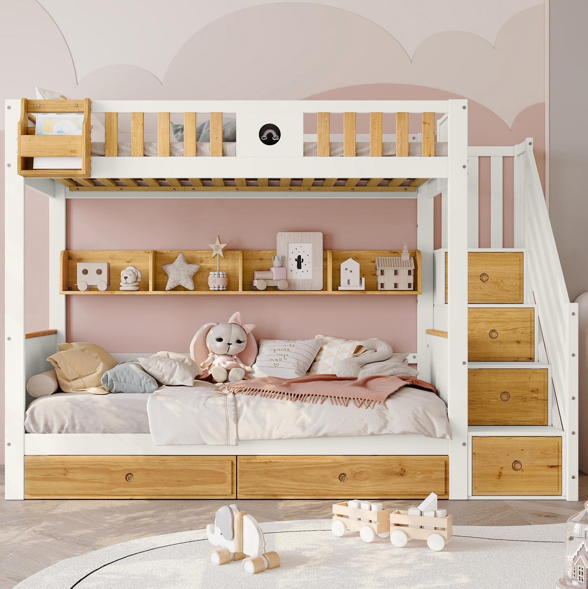 ETAGENBETT 90x200 cm in Weiß/Natur mit Stauraumtreppe, Schubladen und Tafel - Weiß, Holzwerkstoff (90/200cm) - OKMYHOME