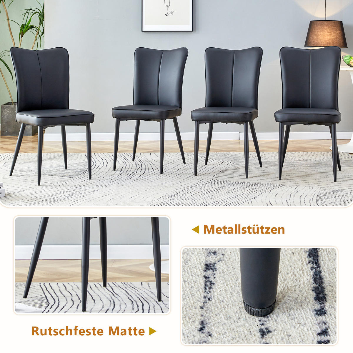 ESSGRUPPE DE-39364 5-teilig, mit 4 PU-Sesseln Schwarz - Schwarz, Holzwerkstoff (160/76/90cm) - ComfortXL