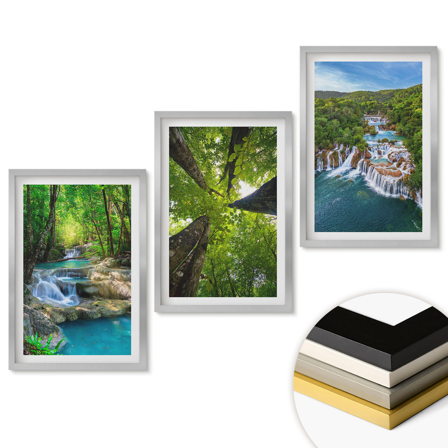 WANDBILDER 3er Set - 40x60 cm Silberner Rahmen - Wasserfälle grüner Wald Wasser - Silberfarben, Kunststoff (40/60cm) - ArtPrintCave