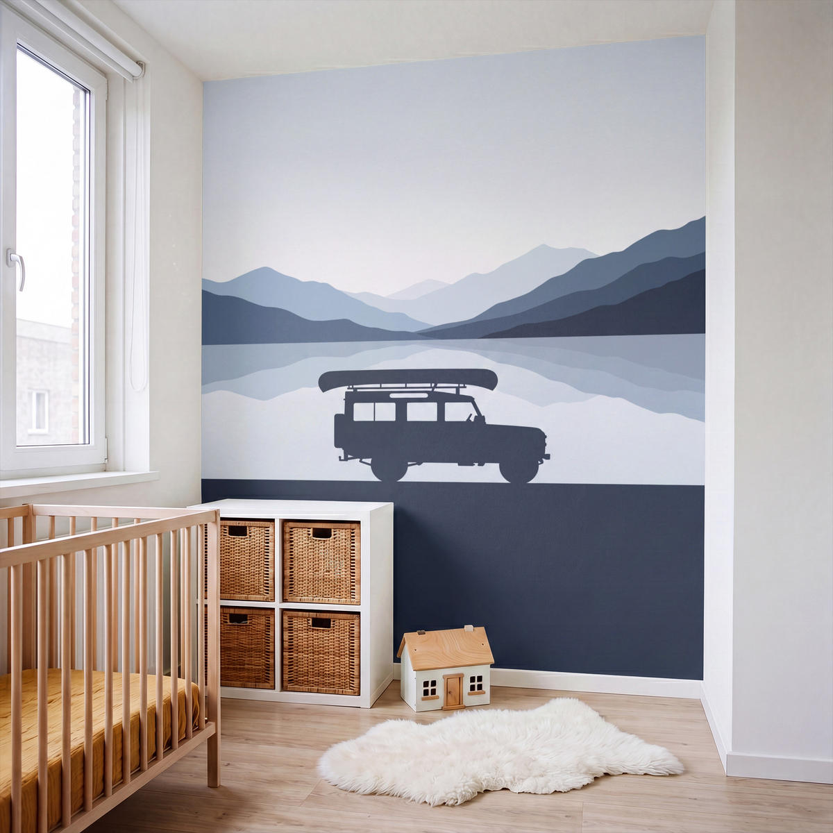KINDERTAPETE - Auto - See - Berge - Blau - 160x200 cm - Blaugrau, Papier (160/200cm) - OnlyWow
