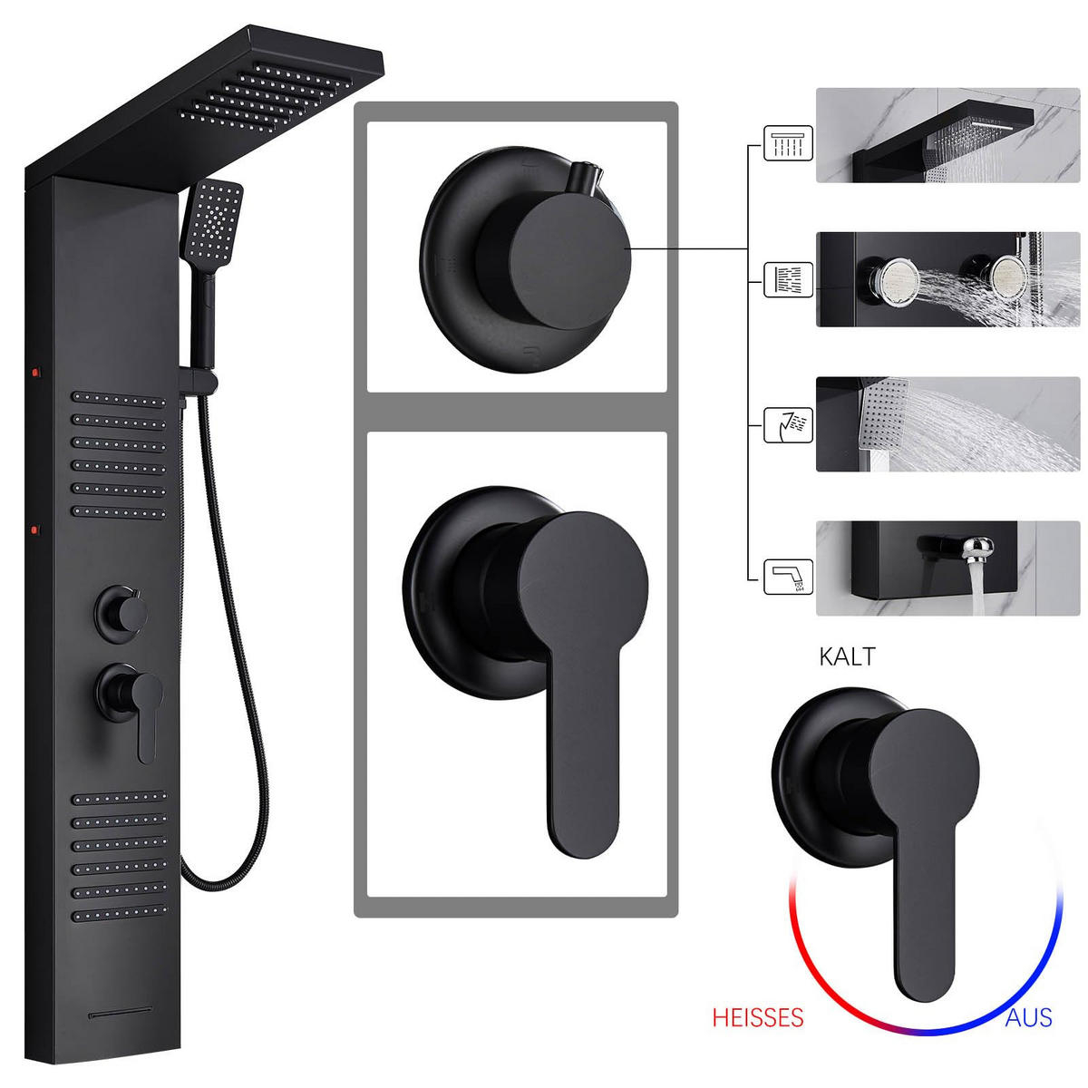 ÜBERKOPFBRAUSESET Schwarz LED Regendusche Massagedüsen - Schwarz, Metall (20/122/46cm) - Kaket