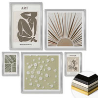 WANDBILDER 5er Set - 50x50 cm & 20x30 cm & 40x60 cm Silberner Rahmen - Pflanzenmotive in gedeckten Farben - Silberfarben, Kunststoff (40/60cm) - ArtPrintCave