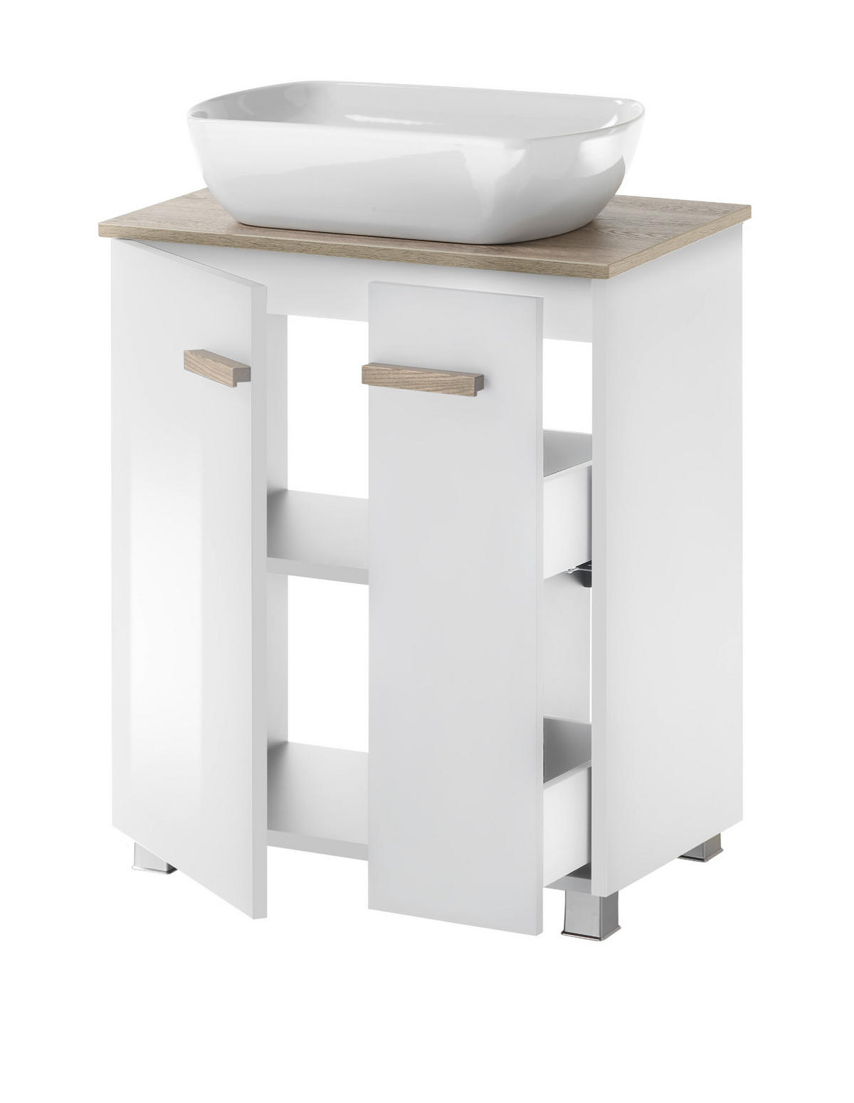 BADMÖBEL-SET weiß Hochglanz Lack, Eiche, Badkombination MIT Waschbecken, Badlampe 130 x 200 cm hängend, stehend - Weiß Hochglanz/Eichefarben, Holzwerkstoff (130/200/40cm) - Furn.Design