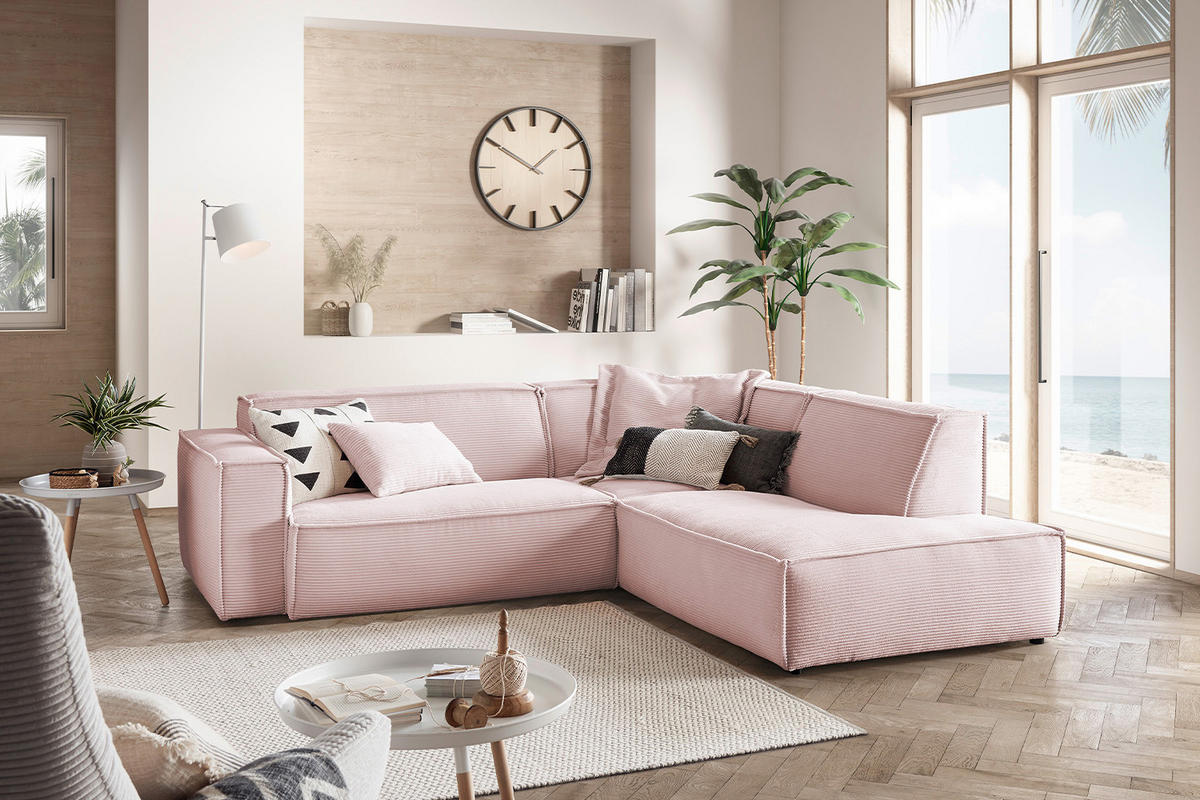 ECKSOFA SAMU Pink Cord - Pink/Schwarz, Textil (254/224cm) - KAWOLA