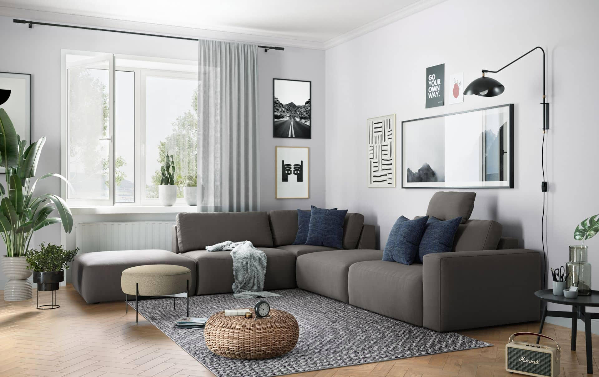 Thumbnail - Cotta Ecksofa, Dunkelgrau, Textil, Echtholz,Fichte, Uni, 5-Sitzer, Füllung: Taschenfederkern, Ottomane links,L-Form, 373...