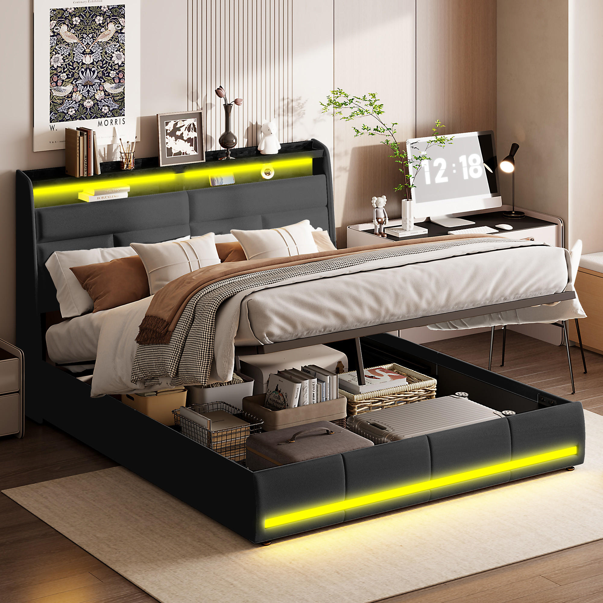 POLSTERBETT 140x200 cm, Schwarz, Doppelbett mit LED-Beleuchtung - Schwarz, Textil/Metall (140/200cm)