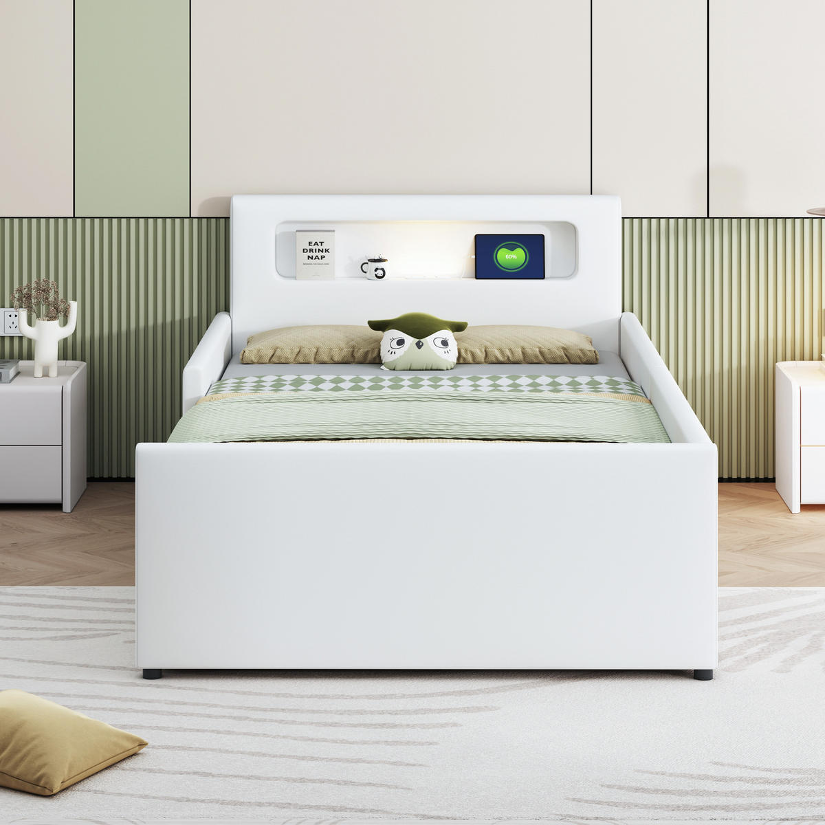 POLSTERBETT Kinderbett 90/200 cm weiß mit Nachtlicht und USB-Anschluss - Weiß, Textil (90/200cm) - OKWISH