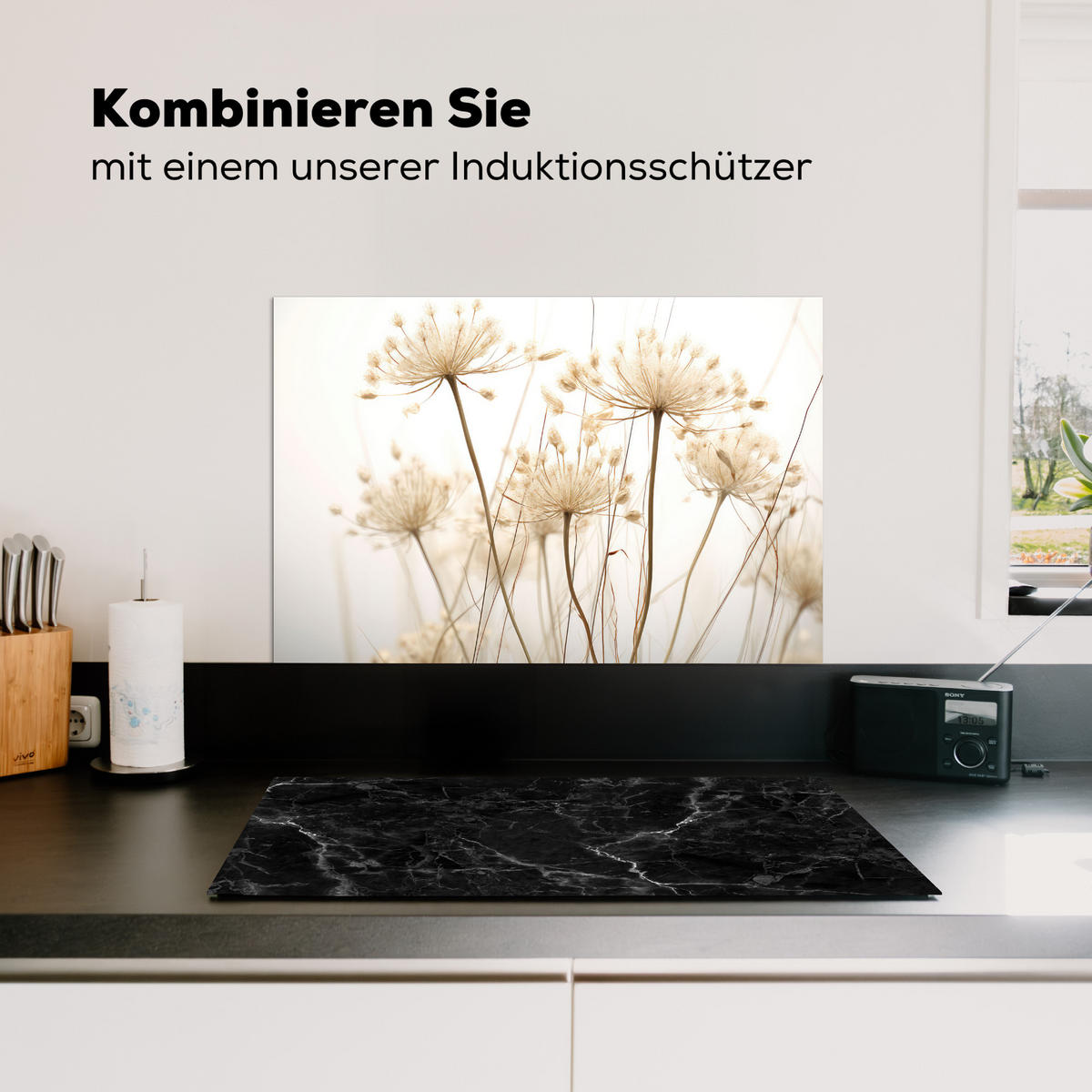 SPRITZSCHUTZ KÜCHE Blumen - Weiß - Sonnenlicht 70x50 cm - Ecru, Metall (70/0.3/50cm) - MuchoWow