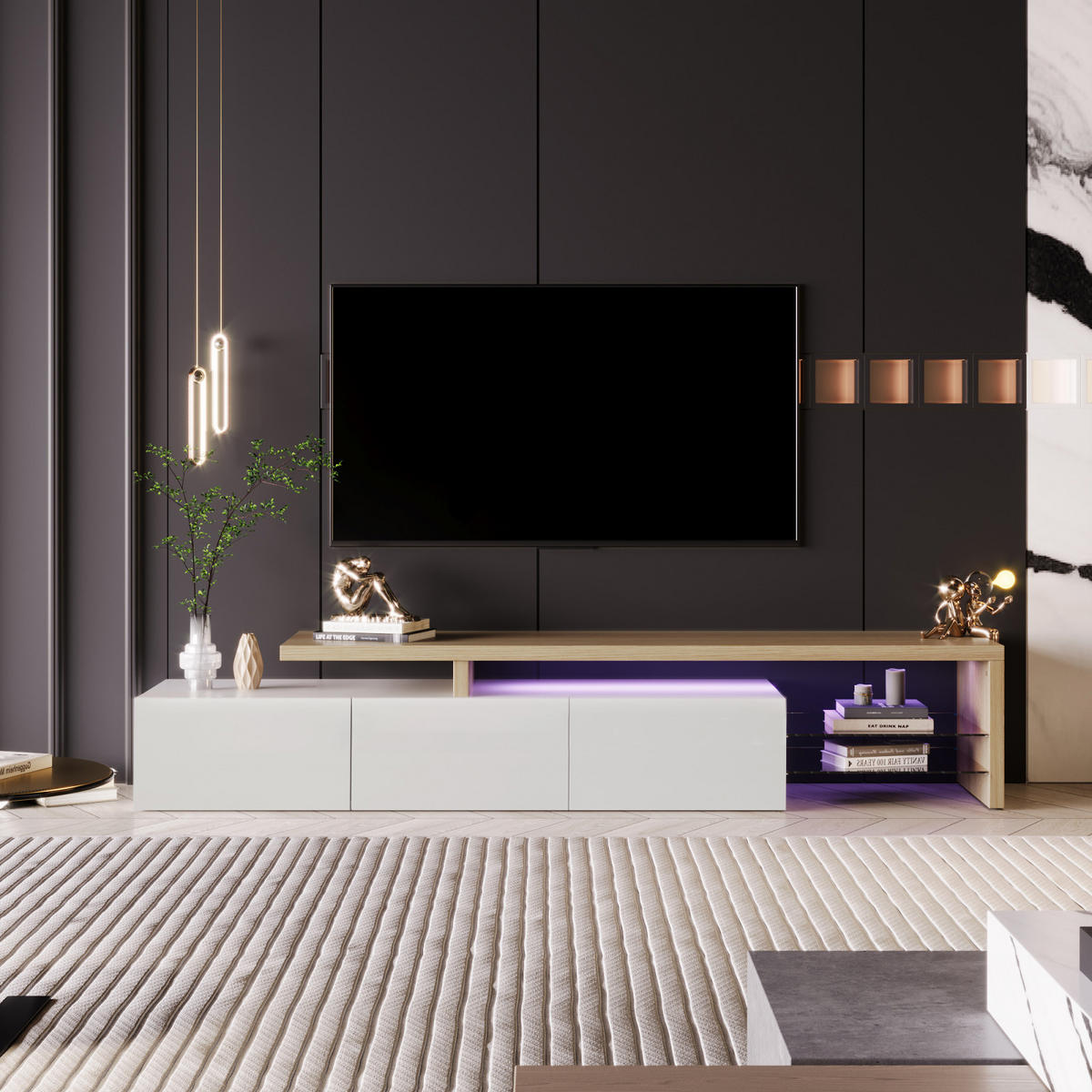 LOWBOARD 200cm Weiß/Holz LED Glas Stauraum - Weiß, Holzwerkstoff (39/42/200cm) - SHOPENTRA