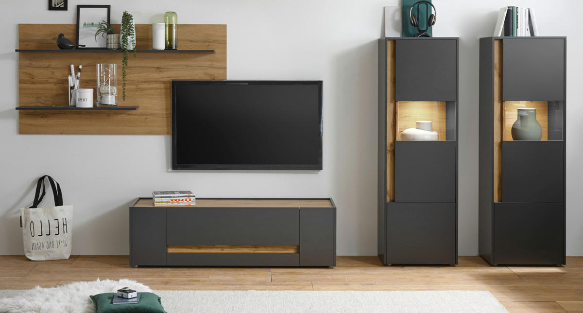 TV-LOWBOARD grau matt, Eiche Wotan 140 cm, TV-Unterteil mit Schubkasten - Eiche Wotan/Grau, Holzwerkstoff/Kunststoff (140/40/45cm) - Furn.Design