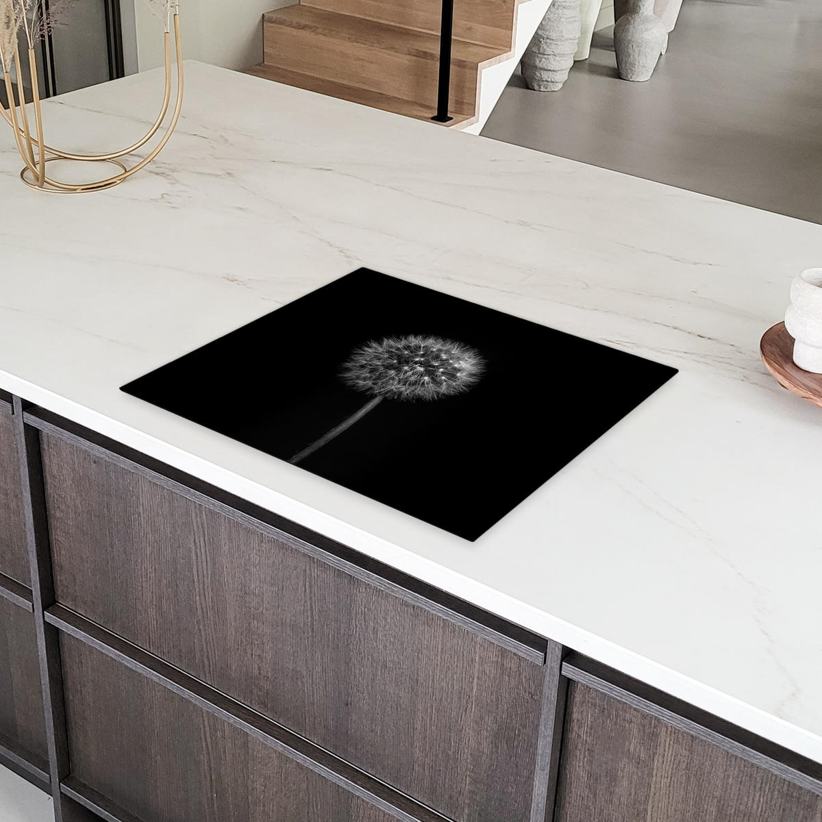 HERDABDECKPLATTE Löwenzahn - Schwarz - Floral - Botanisch 65x52 cm - Grau, Kunststoff (65/0.2/52cm) - MuchoWow