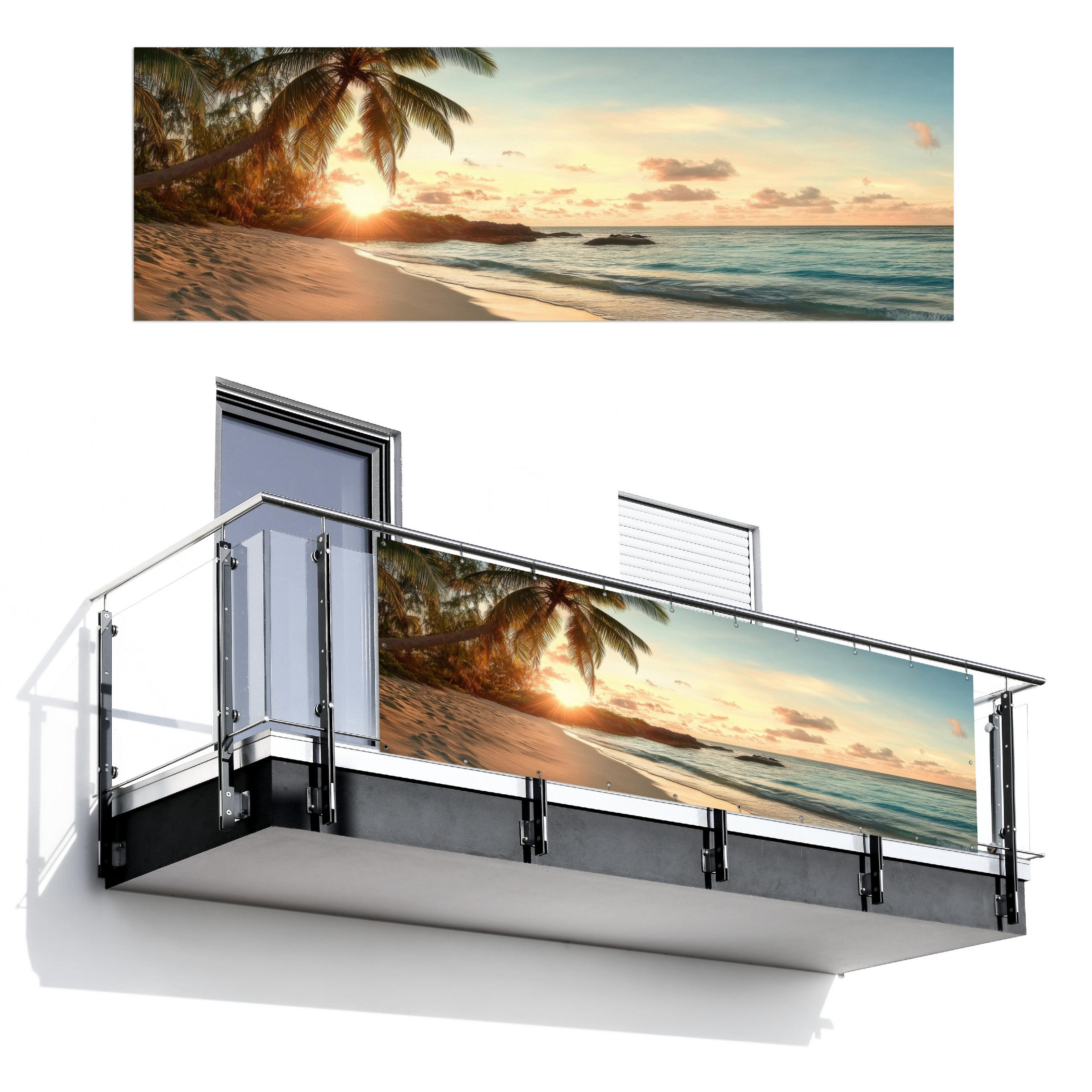 MuchoWow BALKONOVÁ ZÁSTĚNA Pláž - palmy - oceán - západ slunce 300x100 cm