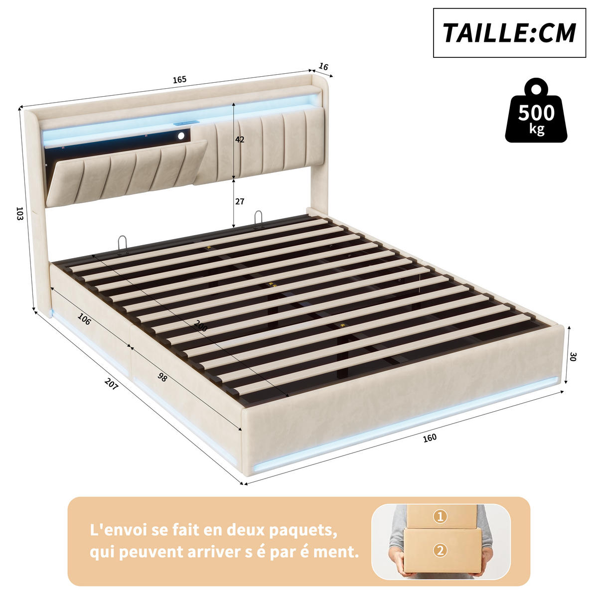ČALOUNĚNÁ postel 160x200 cm béžová sametová LED USB Type-C bed box - béžová, dřevo (160/190cm) - SHOPENTRA