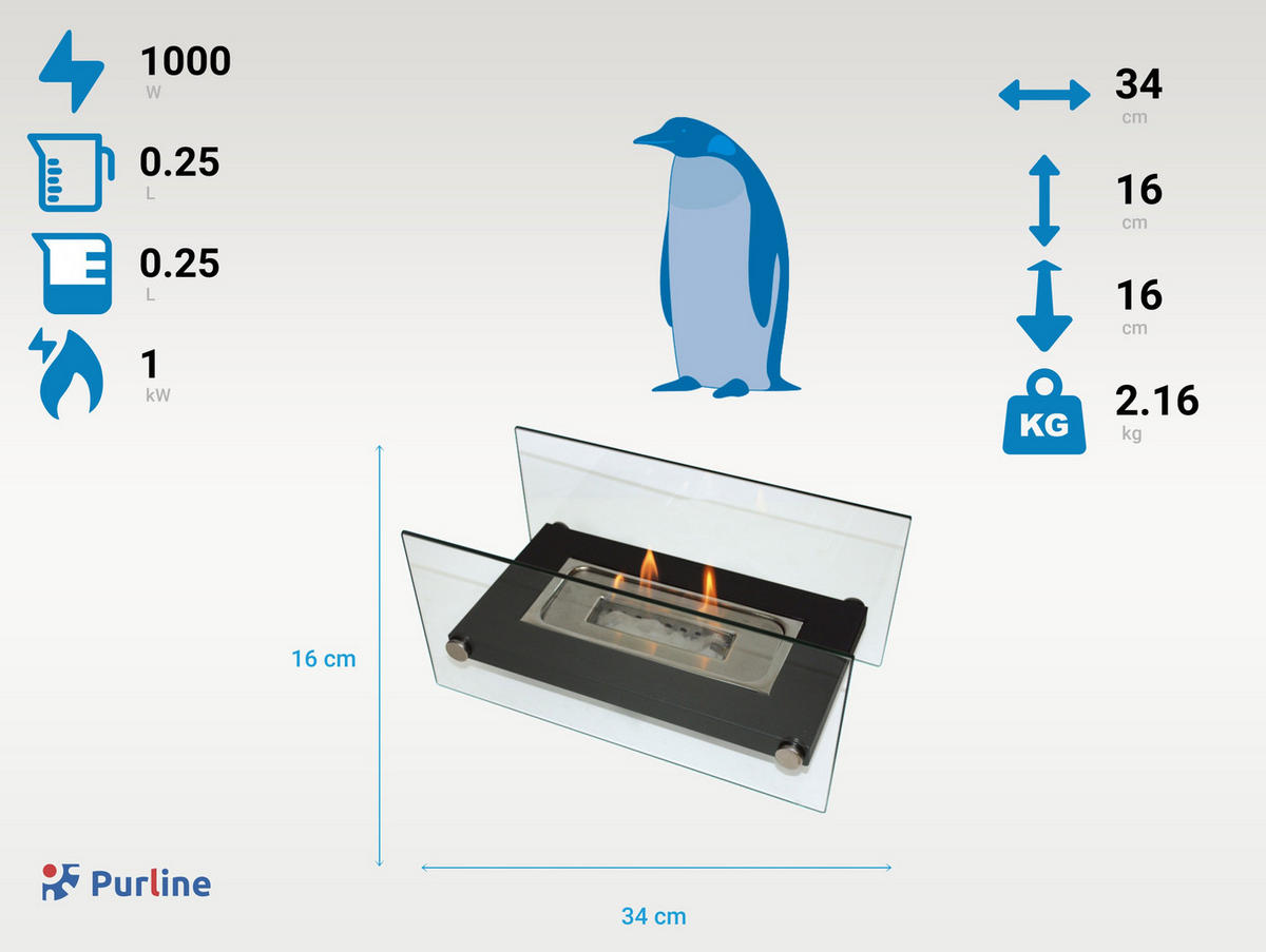 BIOETHANOL-KAMIN Schwarz Tischmodell inklusive 0.25 L Brennblock - Schwarz, Glas (34/16/16cm) - Purline
