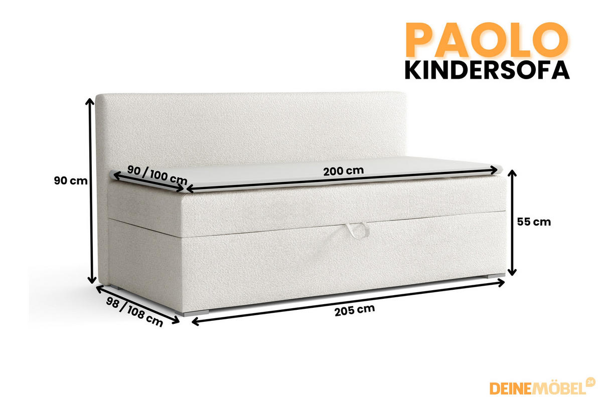 BOXBETT PAOLO 90/200 Boucle Weiß mit Bonell-Federkernmatratze H3 - Weiß, Holz/Holzwerkstoff (90/200cm) - Deine Möbel 24