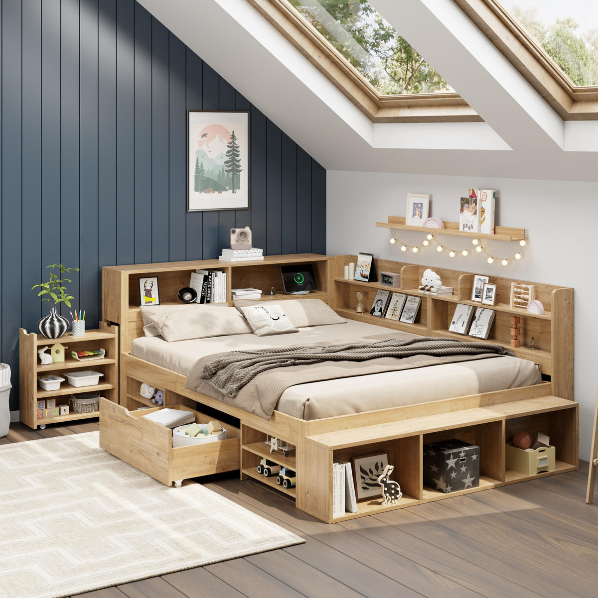 KINDERBETT 140/200 cm aus Sperrholz mit Stauraum, Regalen und kabelloser Ladefunktion Natur - Naturfarben, Holzwerkstoff (140/200cm) - Modenvie