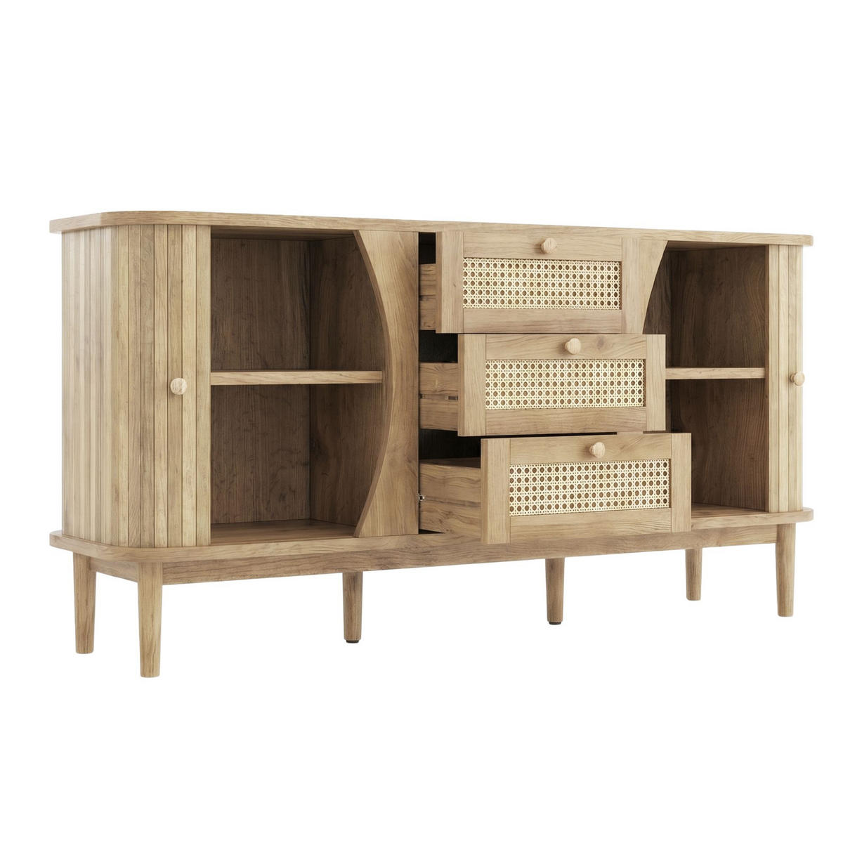 SIDEBOARD Rattan Kommode mit Schiebetüren, 140.5/40/76cm - Körsbärsfärgad, Träbaserade material (140/76/40cm) - Urban Meuble