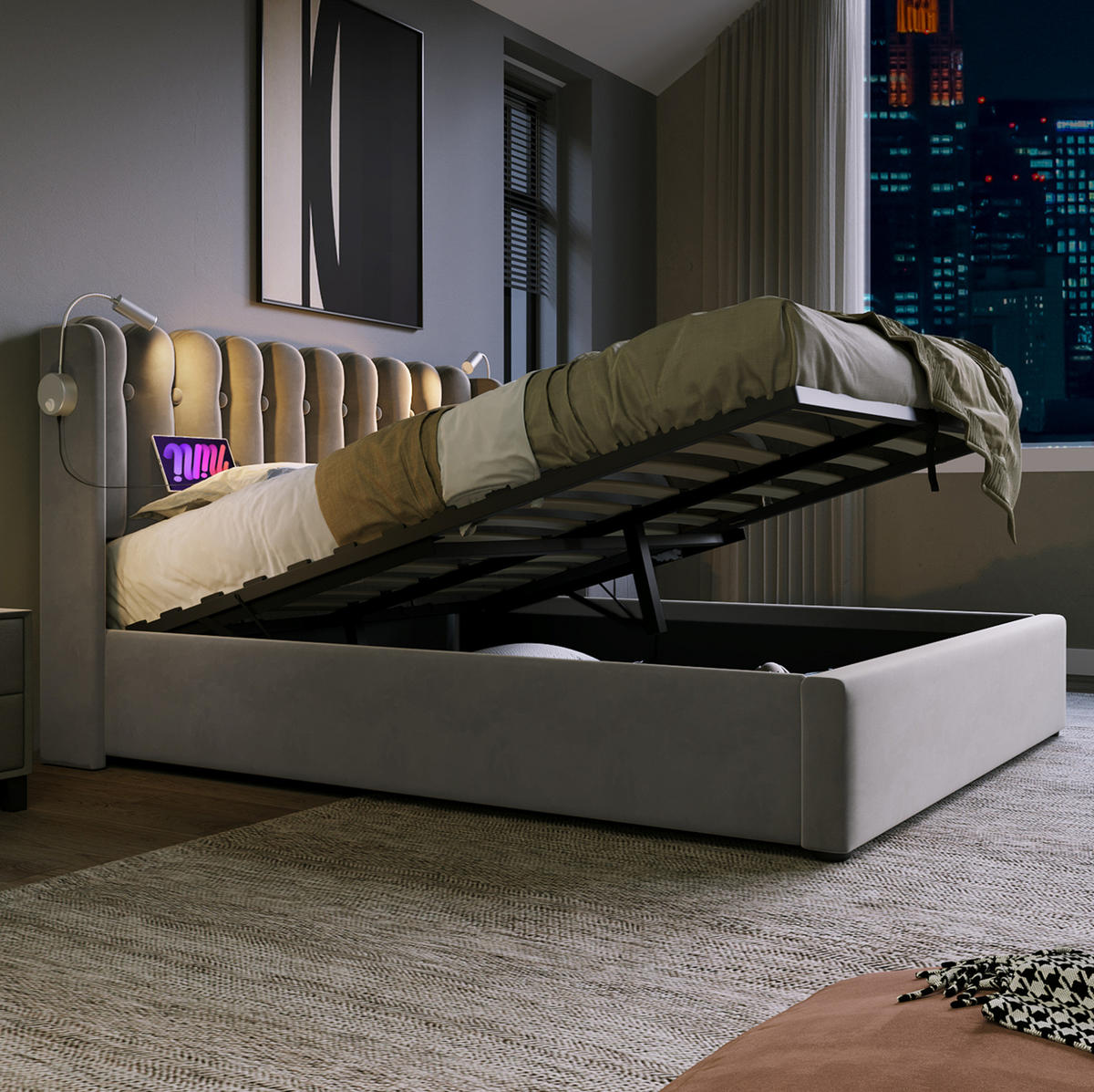 BETT mit Stauraum 140x200 cm Samt Grau mit USB und Leselicht - Grau, Metall (140/200cm) - Meubliv