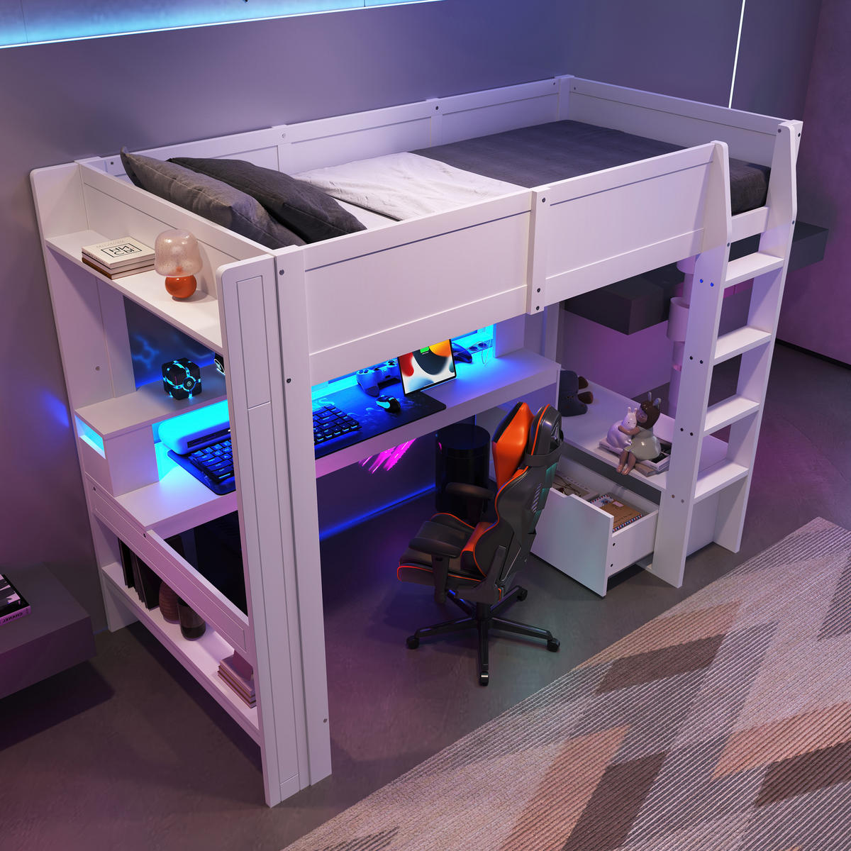 HOCHBETT 90x200cm Weiß Gaming Schreibtisch LED-Licht Schublade Regale - Weiß, Holz (90/200cm) - FLIEKS