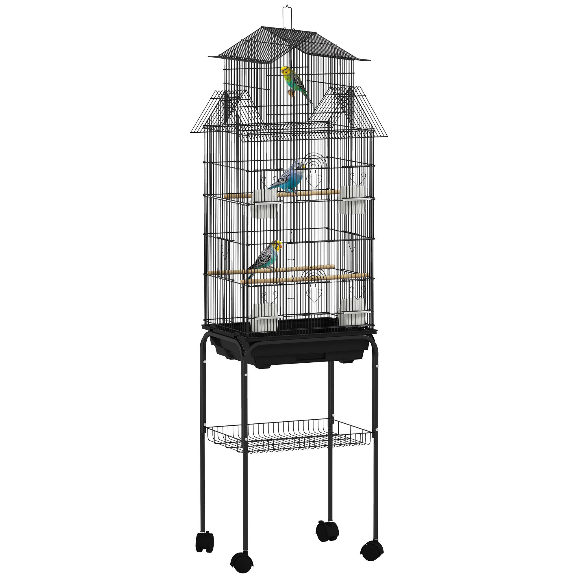 VOGELKÄFIG DE-17832 Haus-Design mit Rollen, Schaukel & 3 Sitzstangen Schwarz - Schwarz, Metall (41/163/50.5cm) - ComfortXL