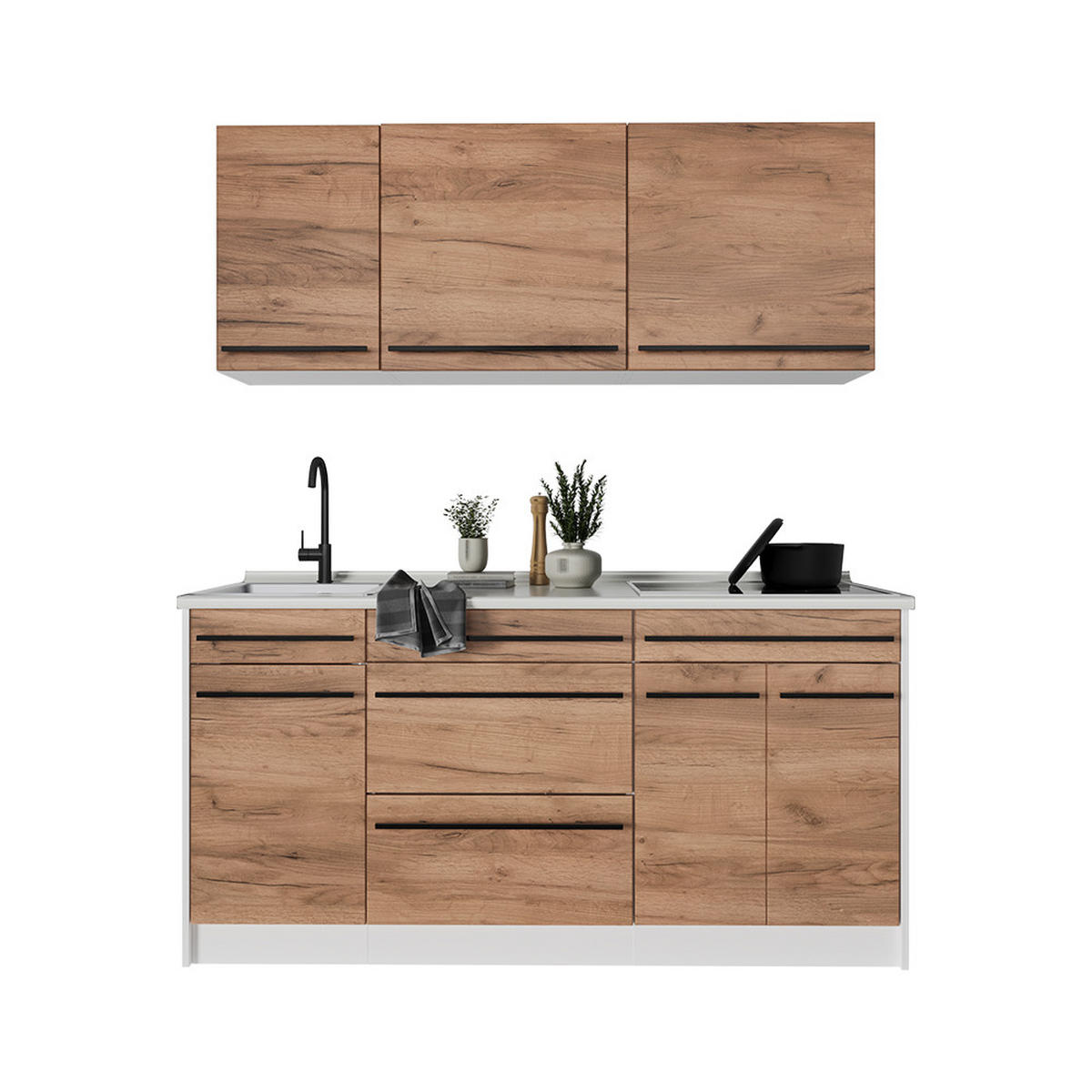 SINGLEKÜCHE R-Line, Goldkraft Eiche/Weiß, 160 cm Arbeitsplatte Marmor - Honigeiche/Weiß, Holzwerkstoff (160/81.6/60cm) - Vicco