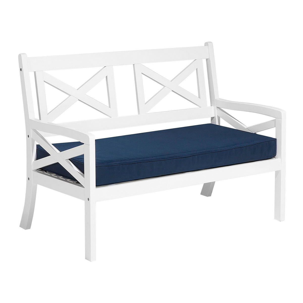 GARTENBANK Akazienholz weiß Auflage marineblau 120 cm Baltic - Blau/Weiß, Holz (121/90/68cm) - Beliani